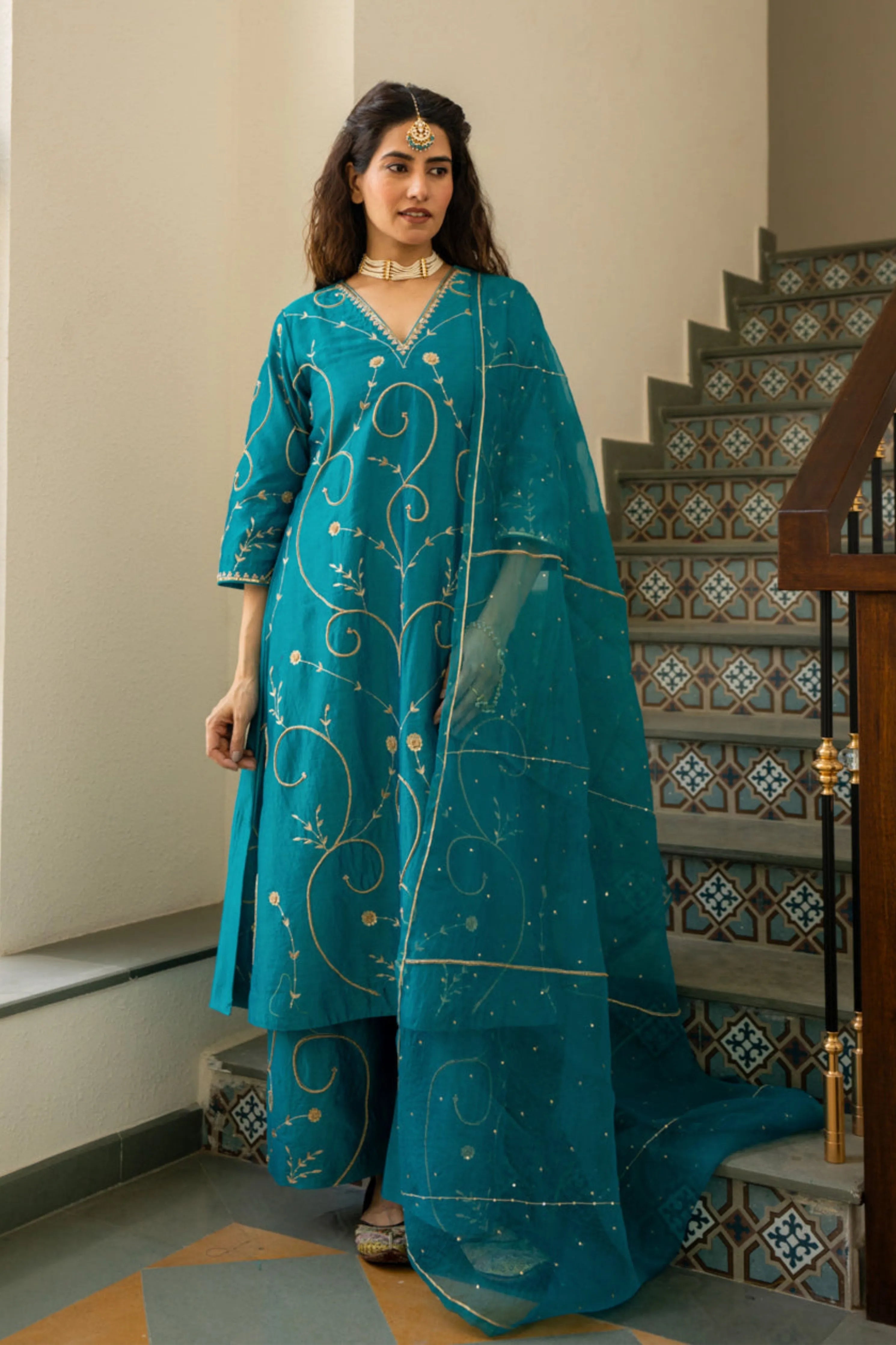 Firozi Moti Jaal A-Line Kurta Set