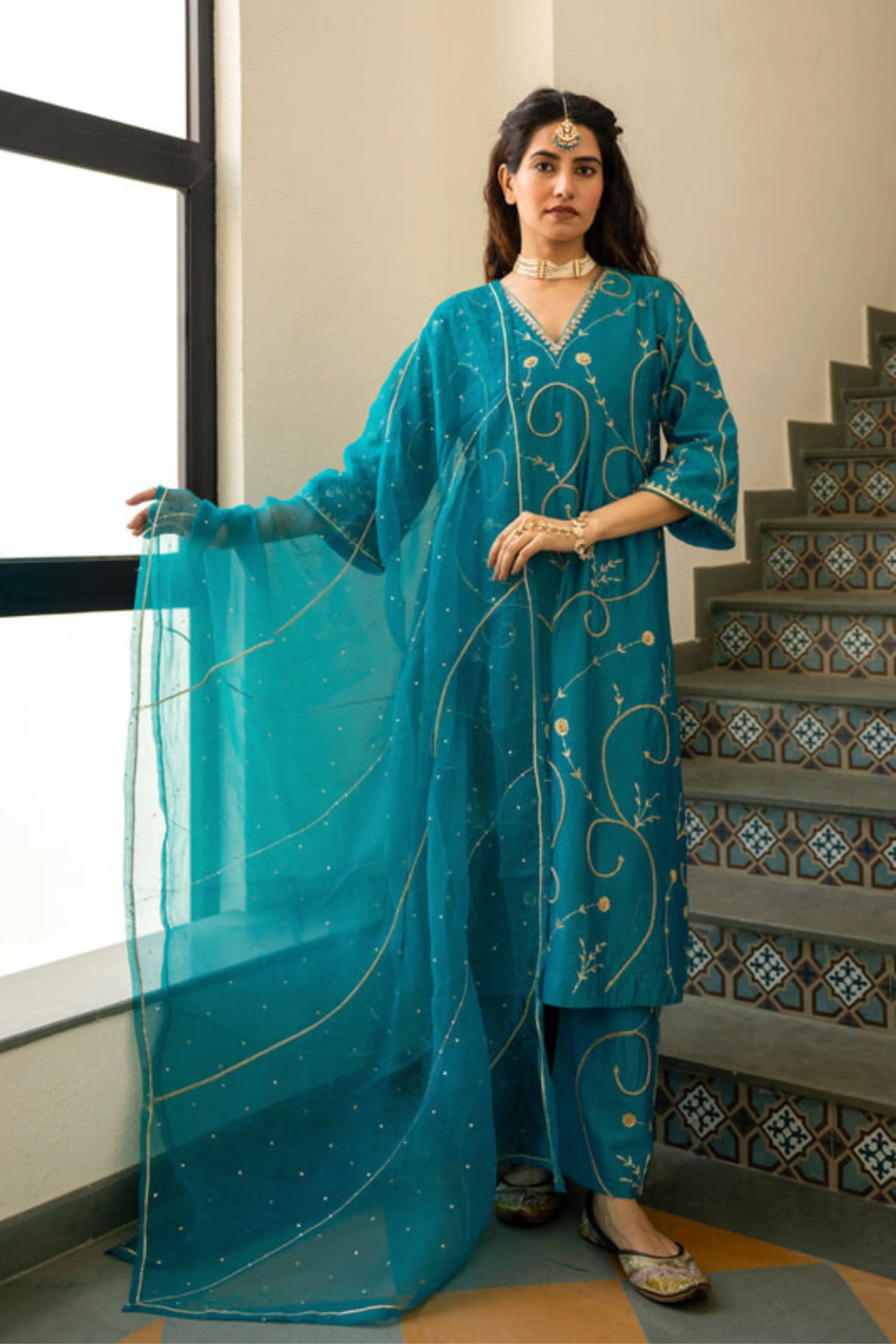 Firozi Moti Jaal A-Line Kurta Set