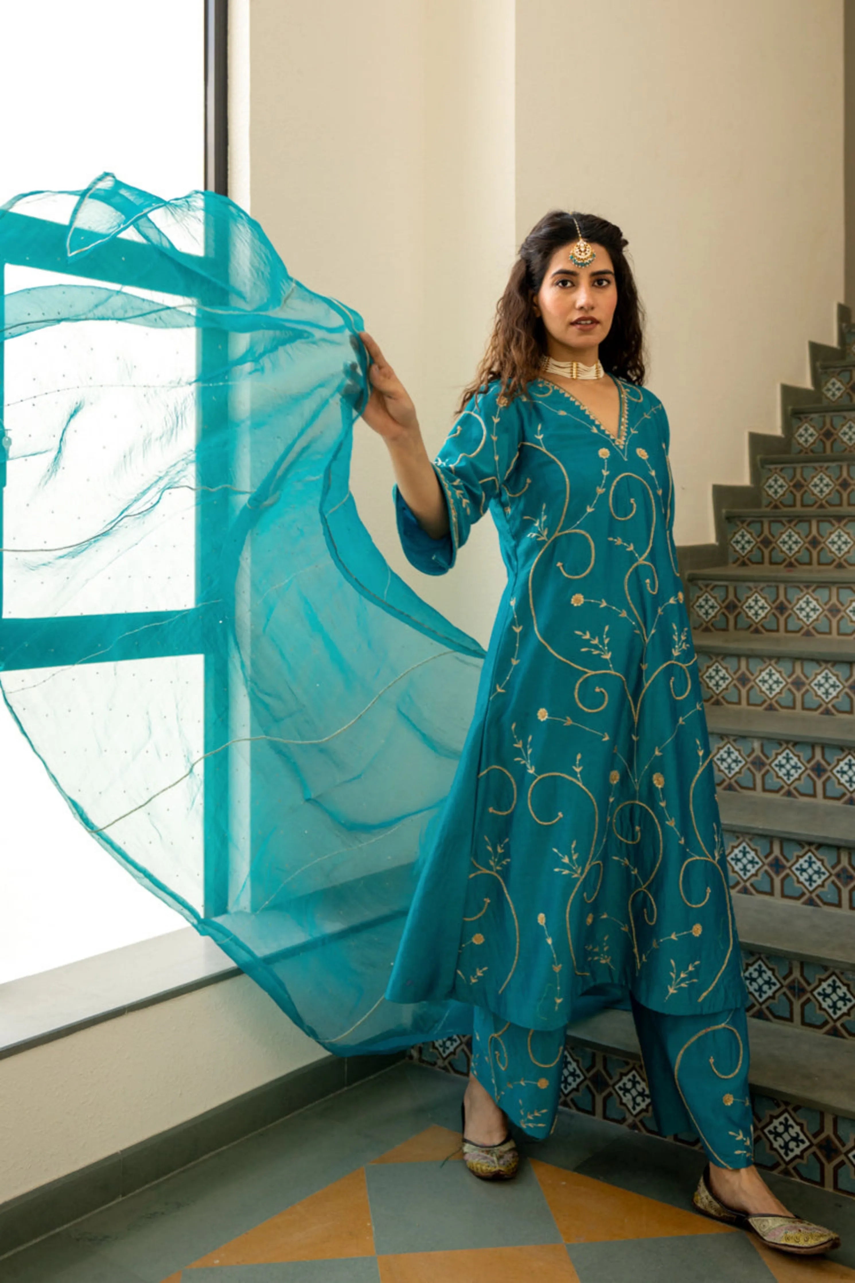 Firozi Moti Jaal A-Line Kurta Set