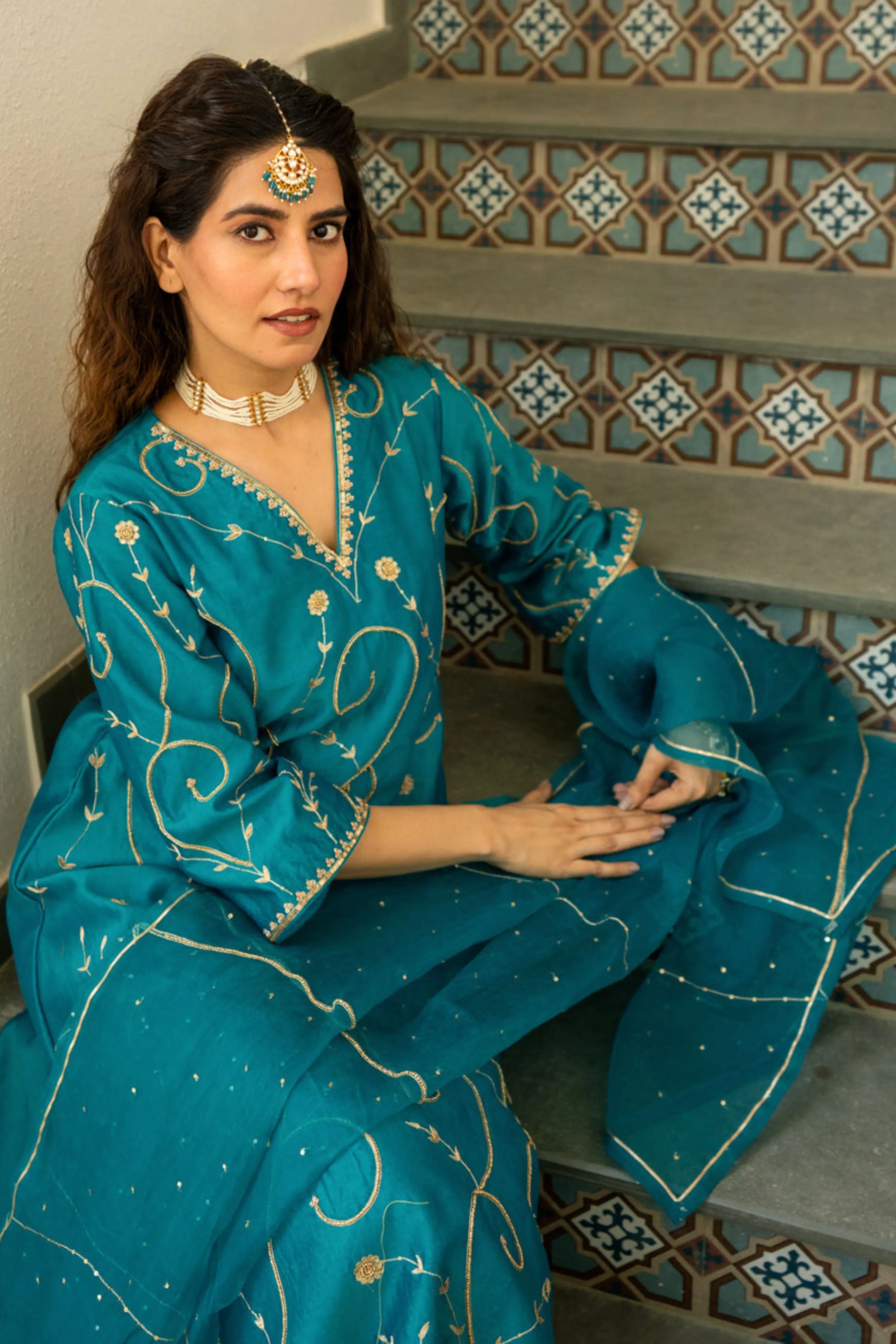 Firozi Moti Jaal A-Line Kurta Set