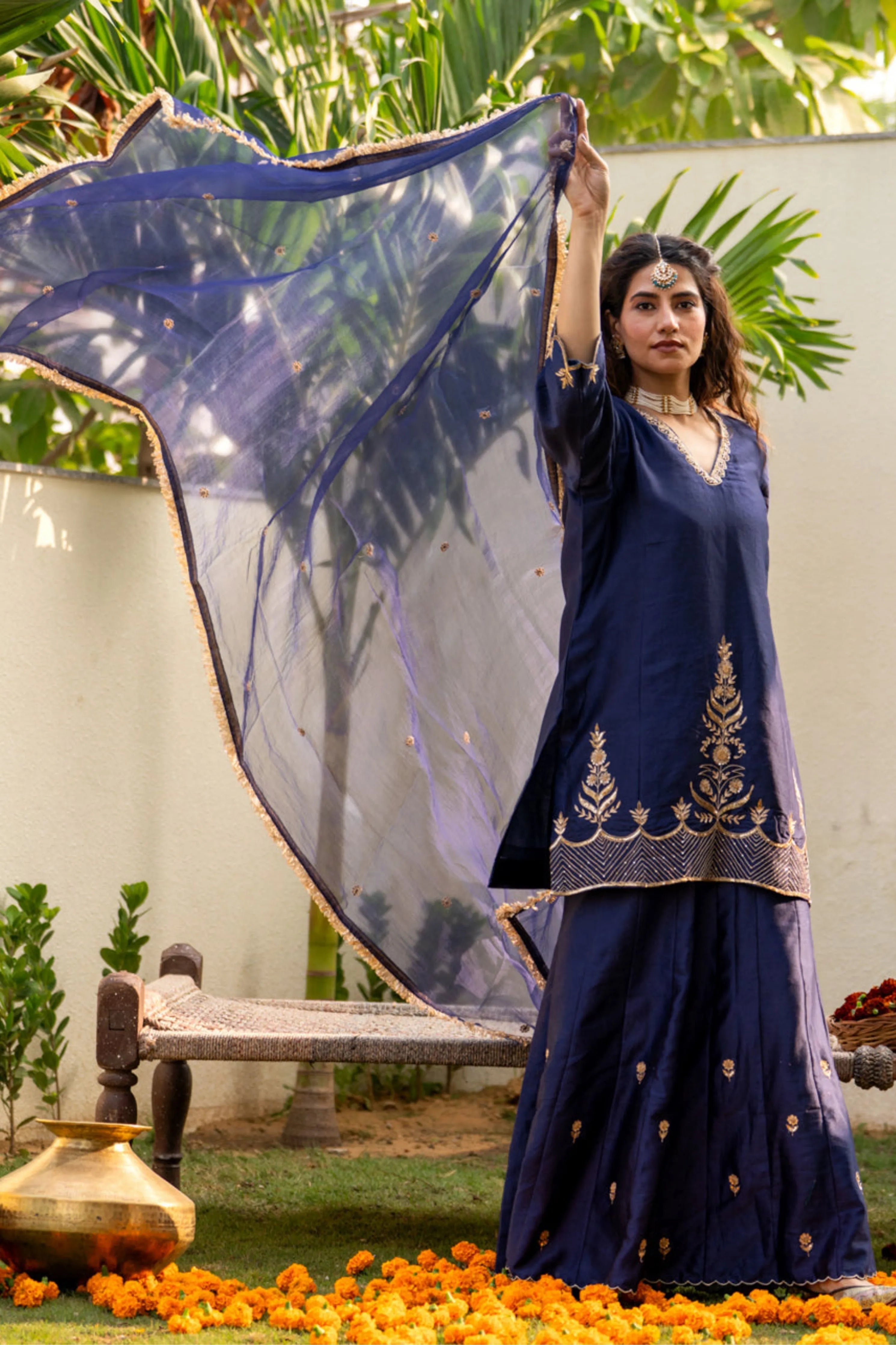 Midnight Blue Boota Aari Sharara Set