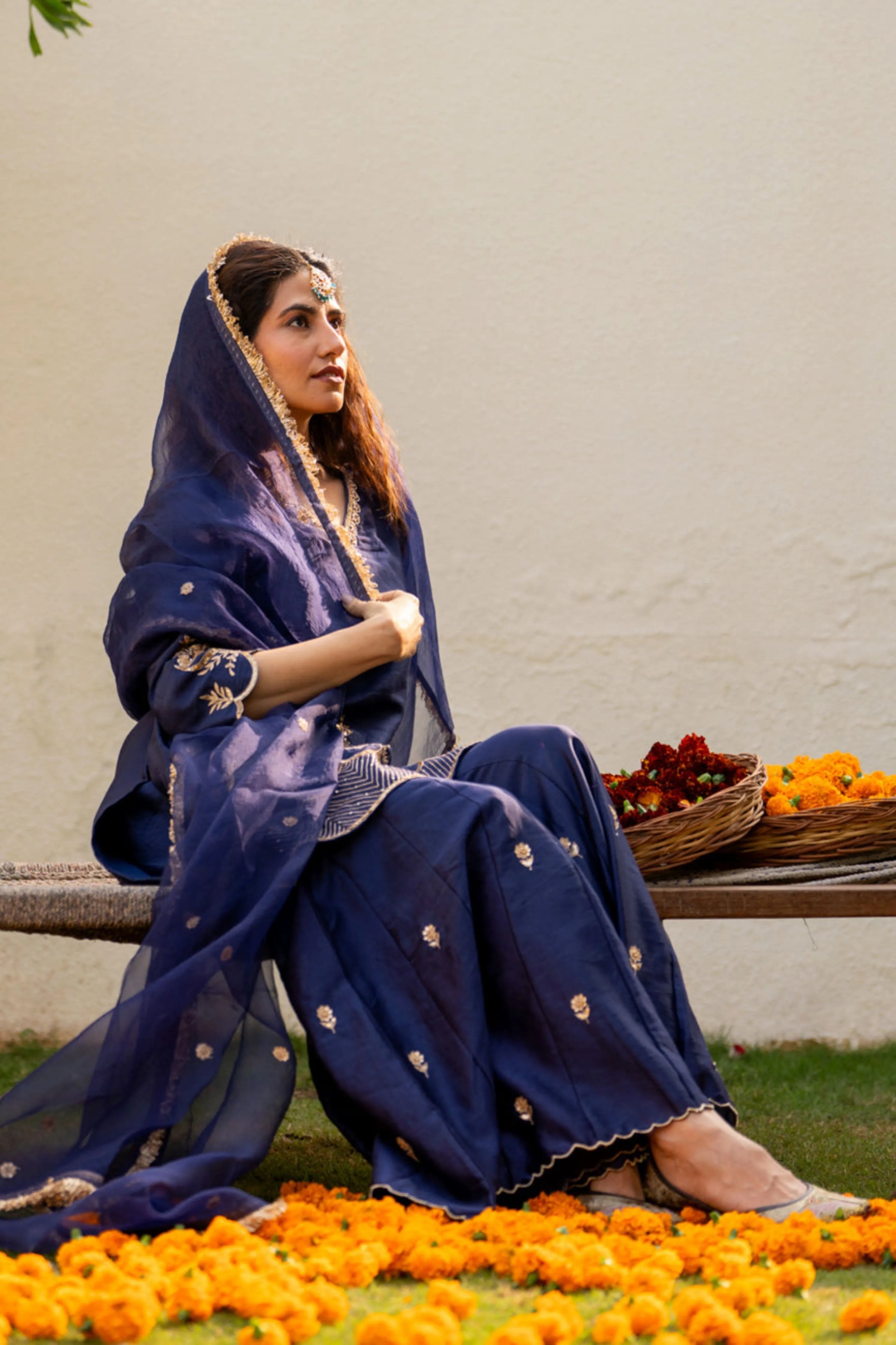 Midnight Blue Boota Aari Sharara Set