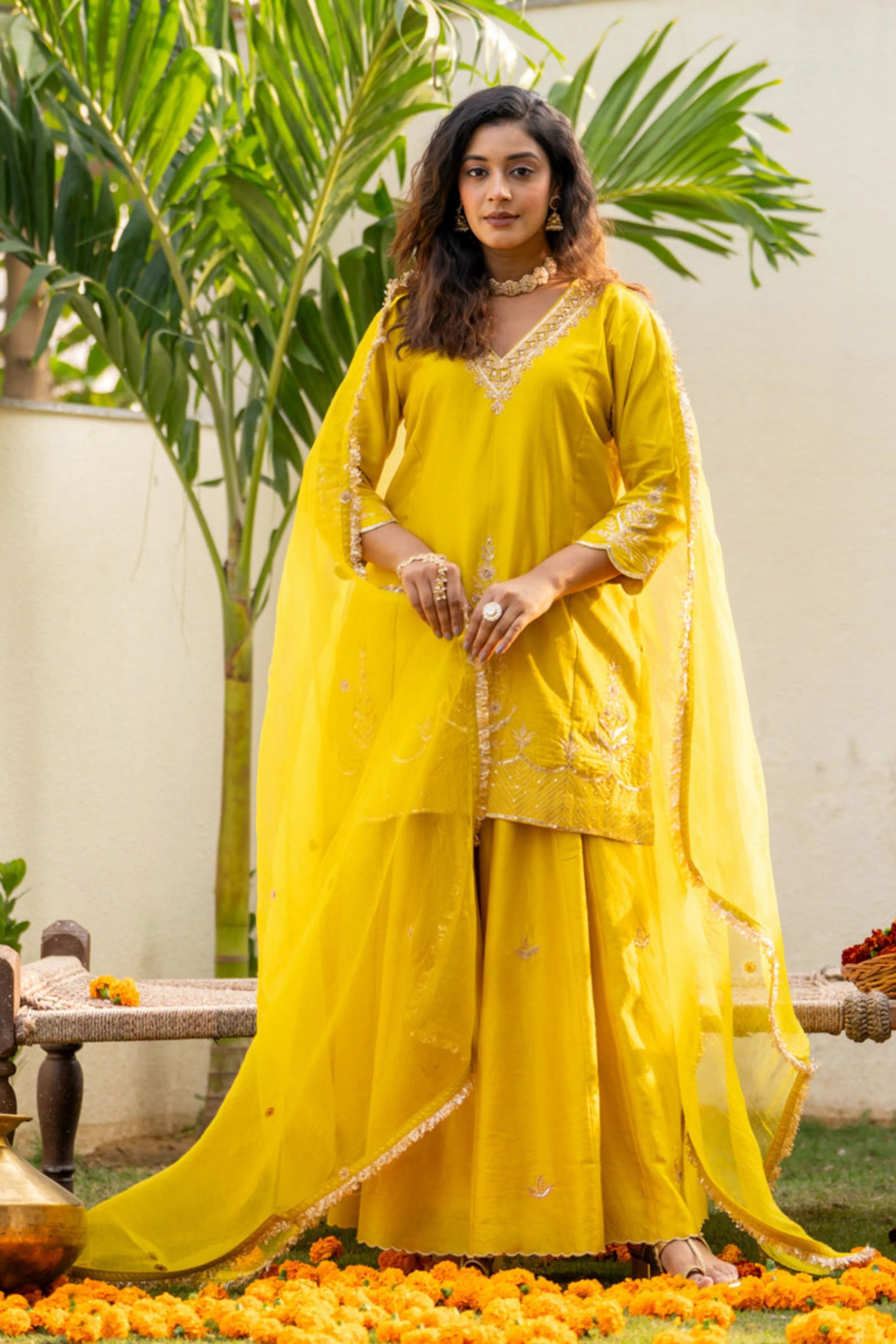 Lime Mustard Boota Aari Sharara