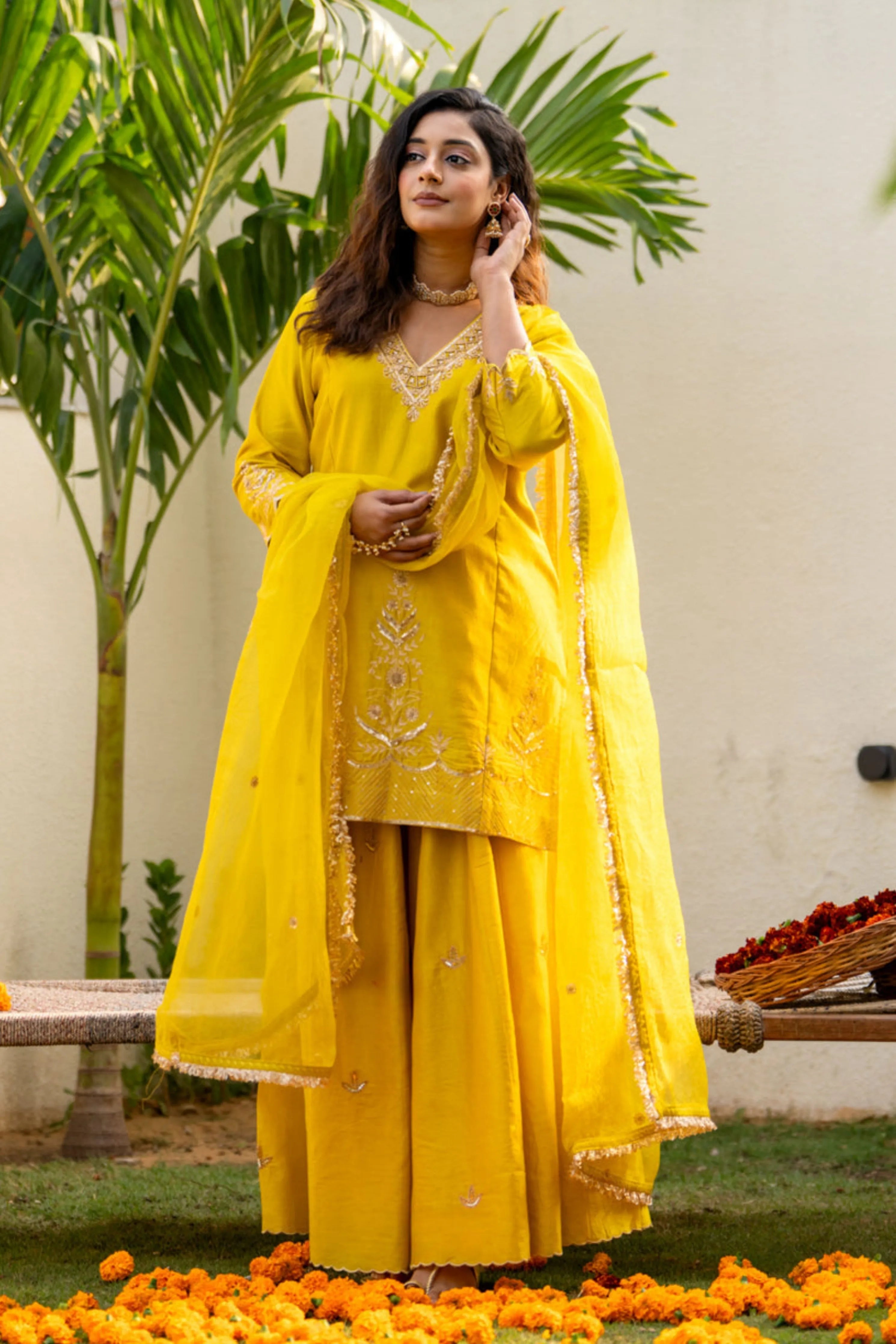 Lime Mustard Boota Aari Sharara