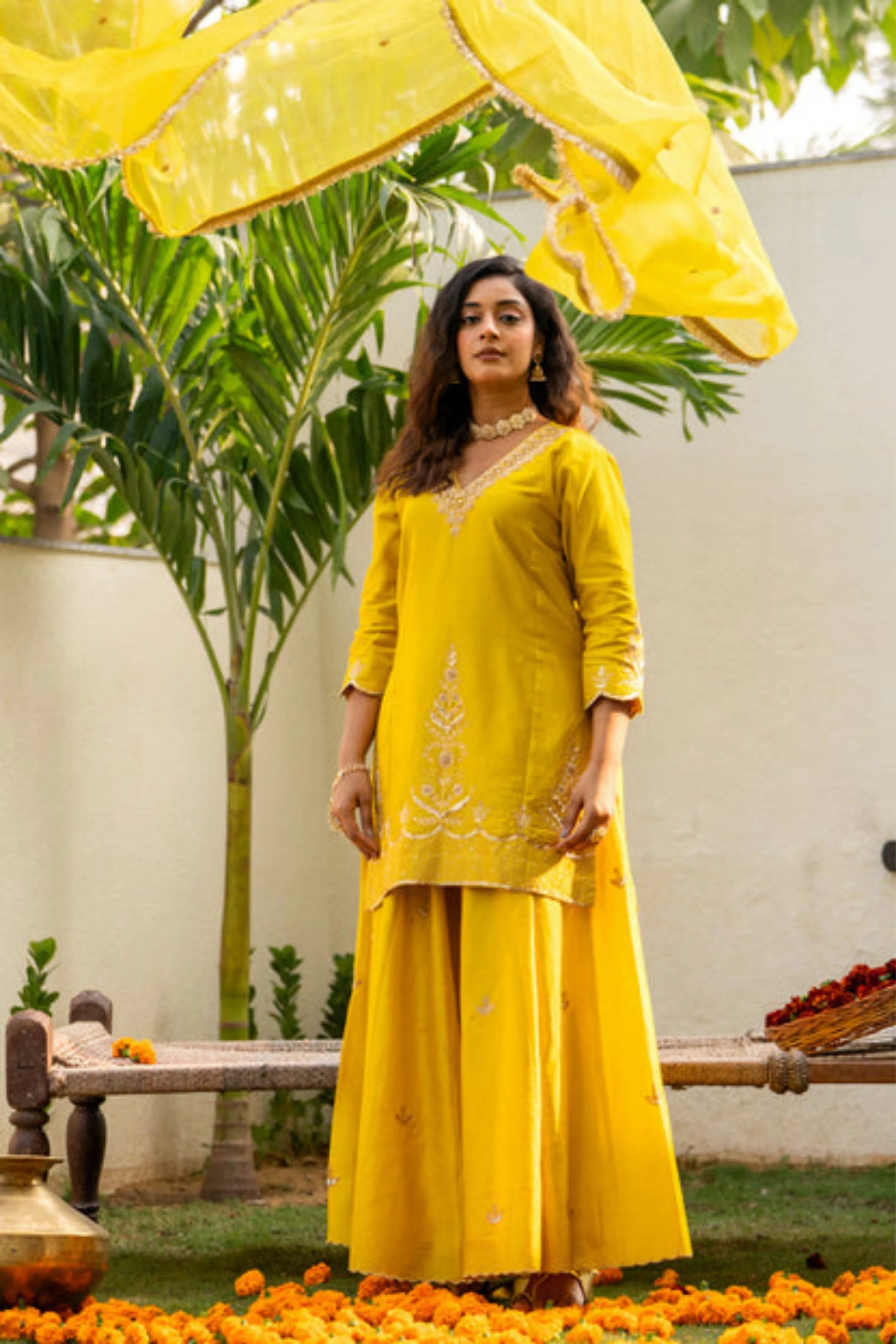 Lime Mustard Boota Aari Sharara