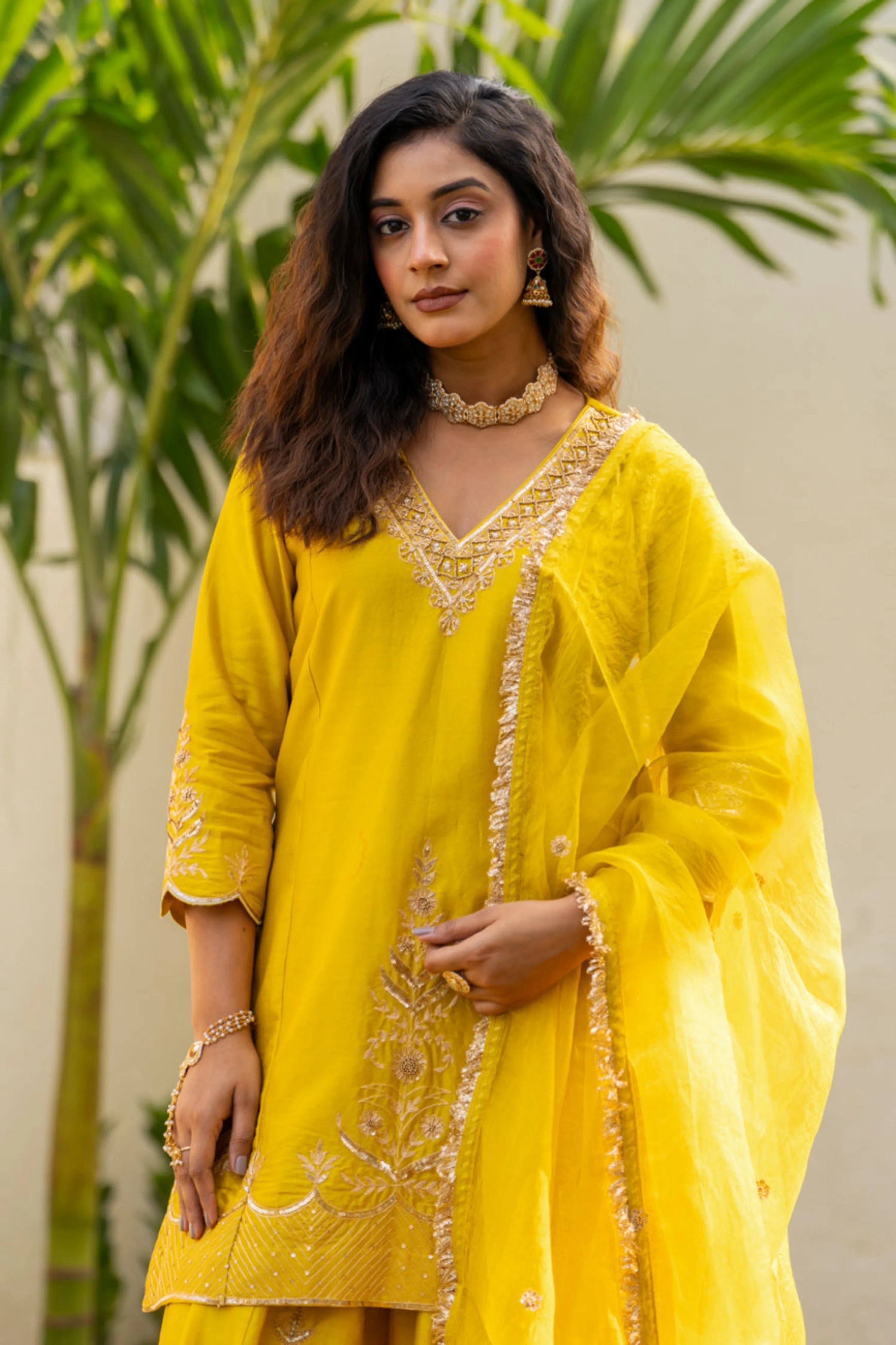 Lime Mustard Boota Aari Sharara