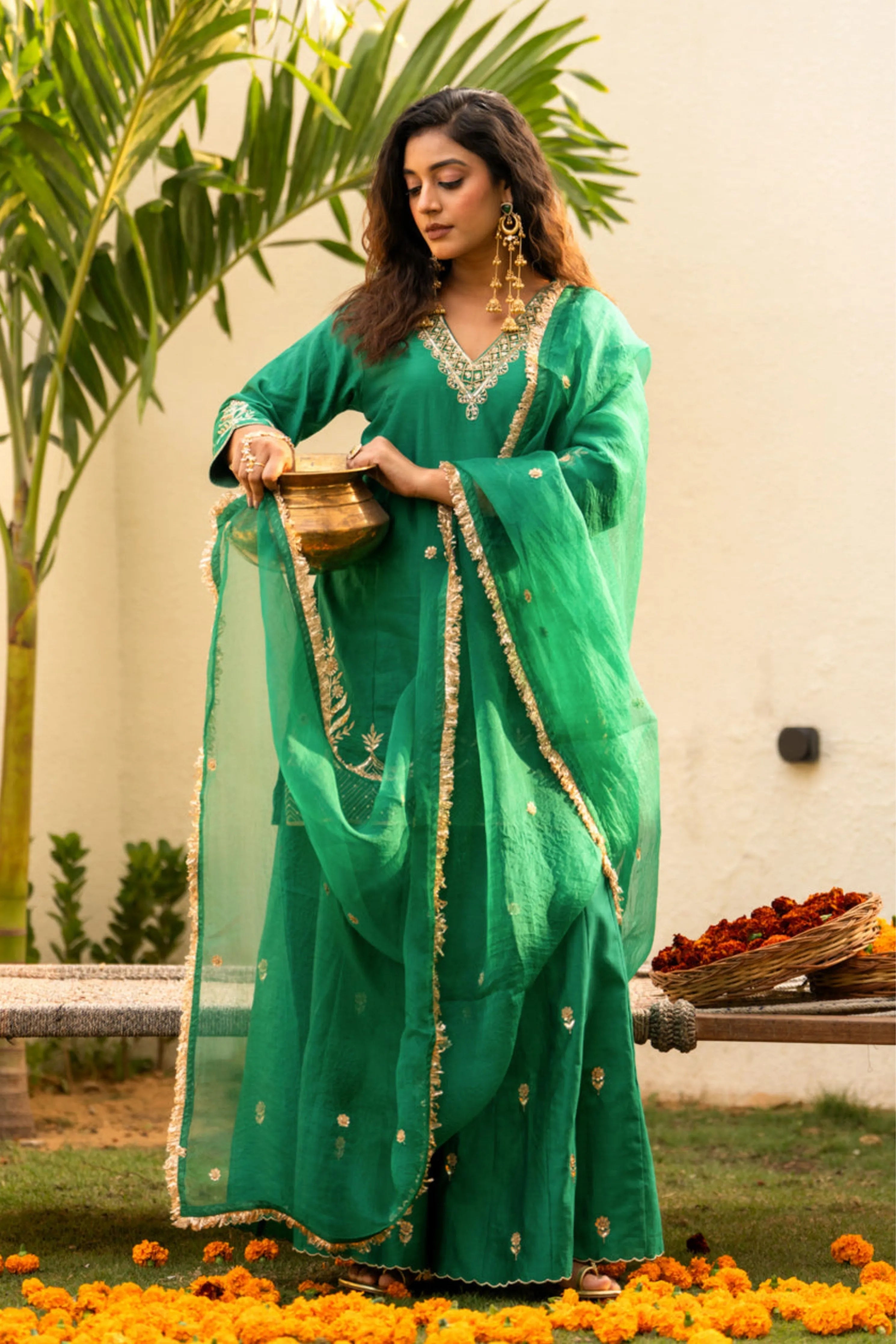 Green Boota Aari Sharara Set