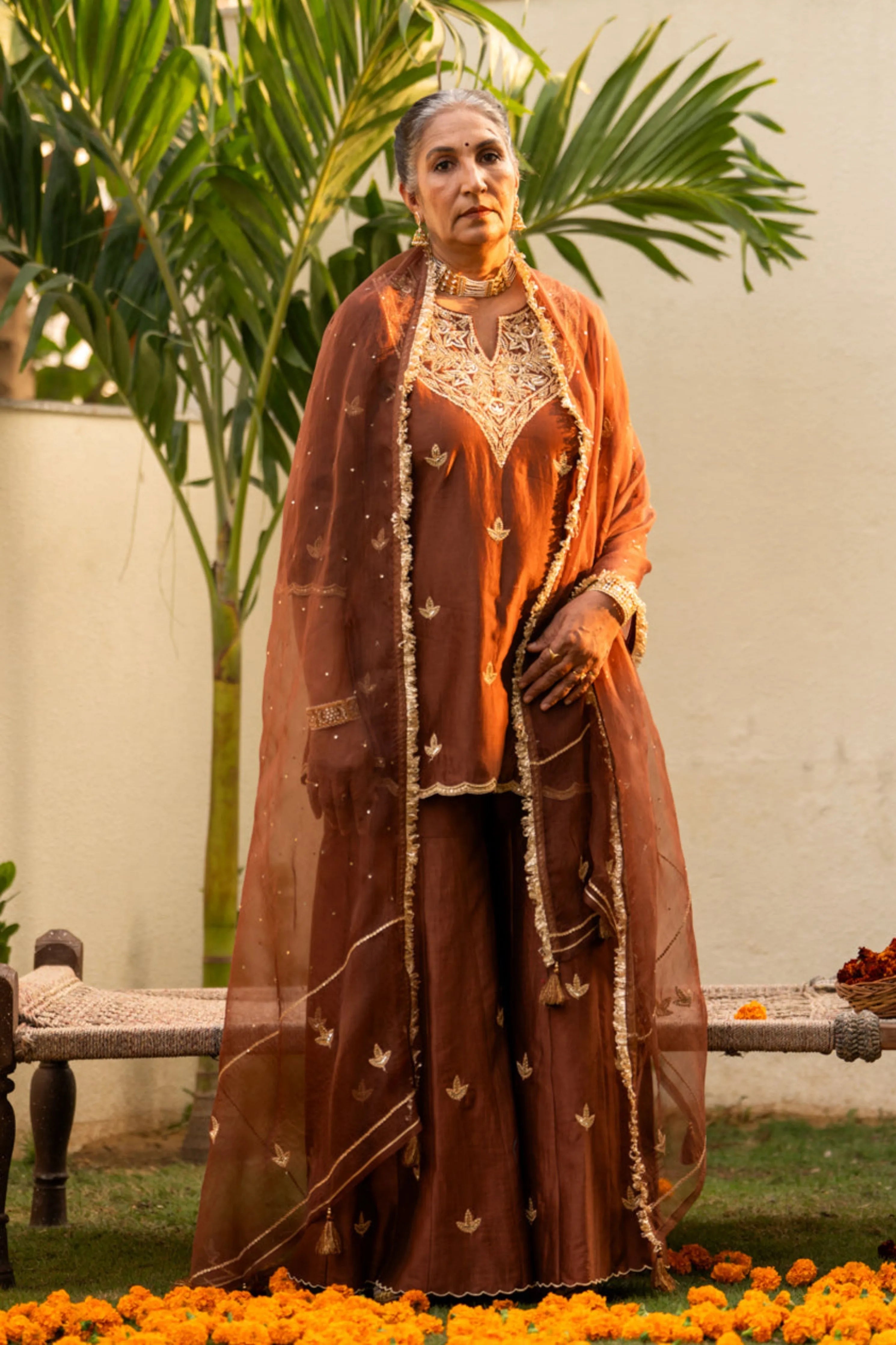 Brown Moti Daman Sharara Set