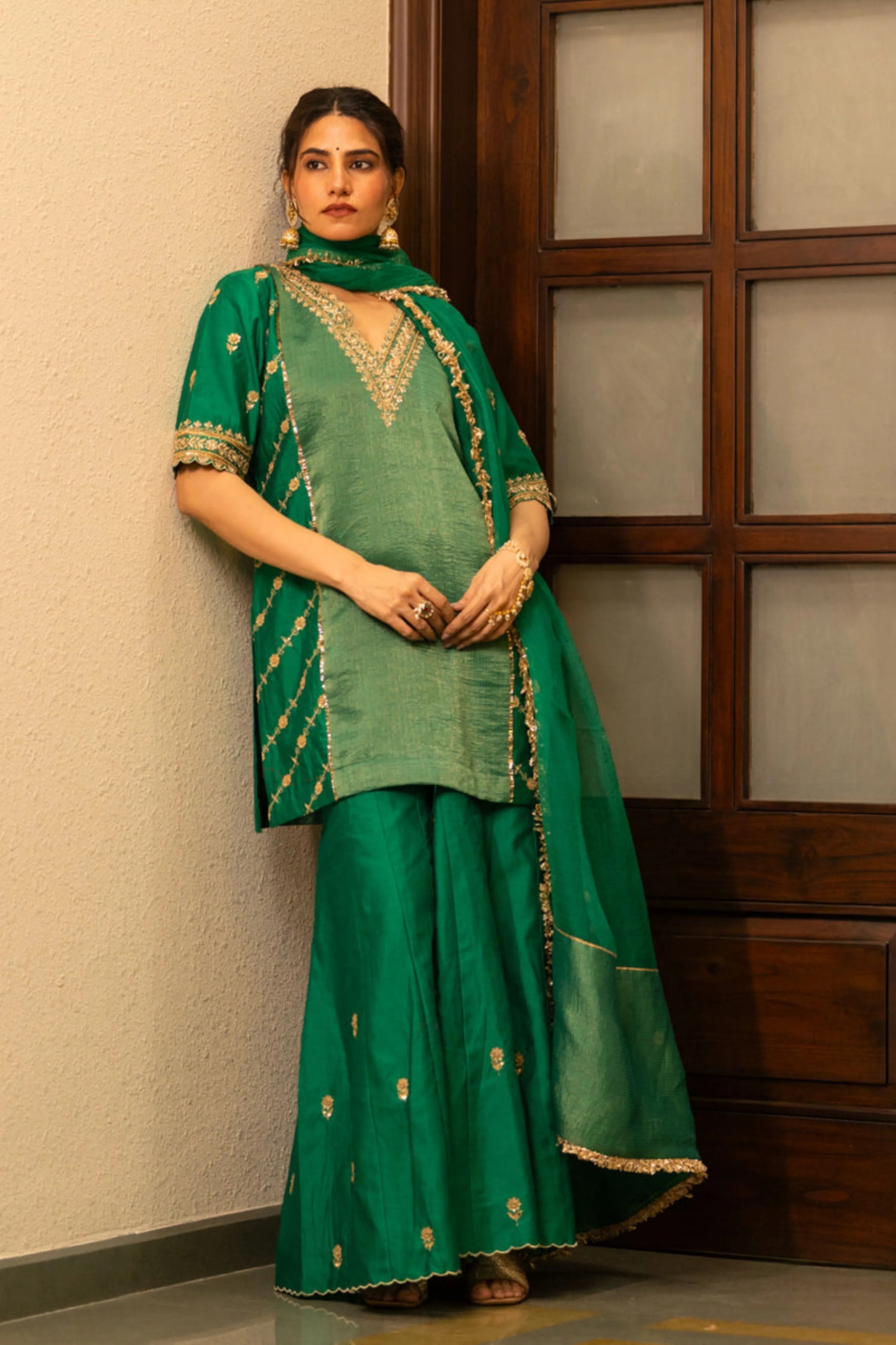 Green Moti Daman Sharara Set