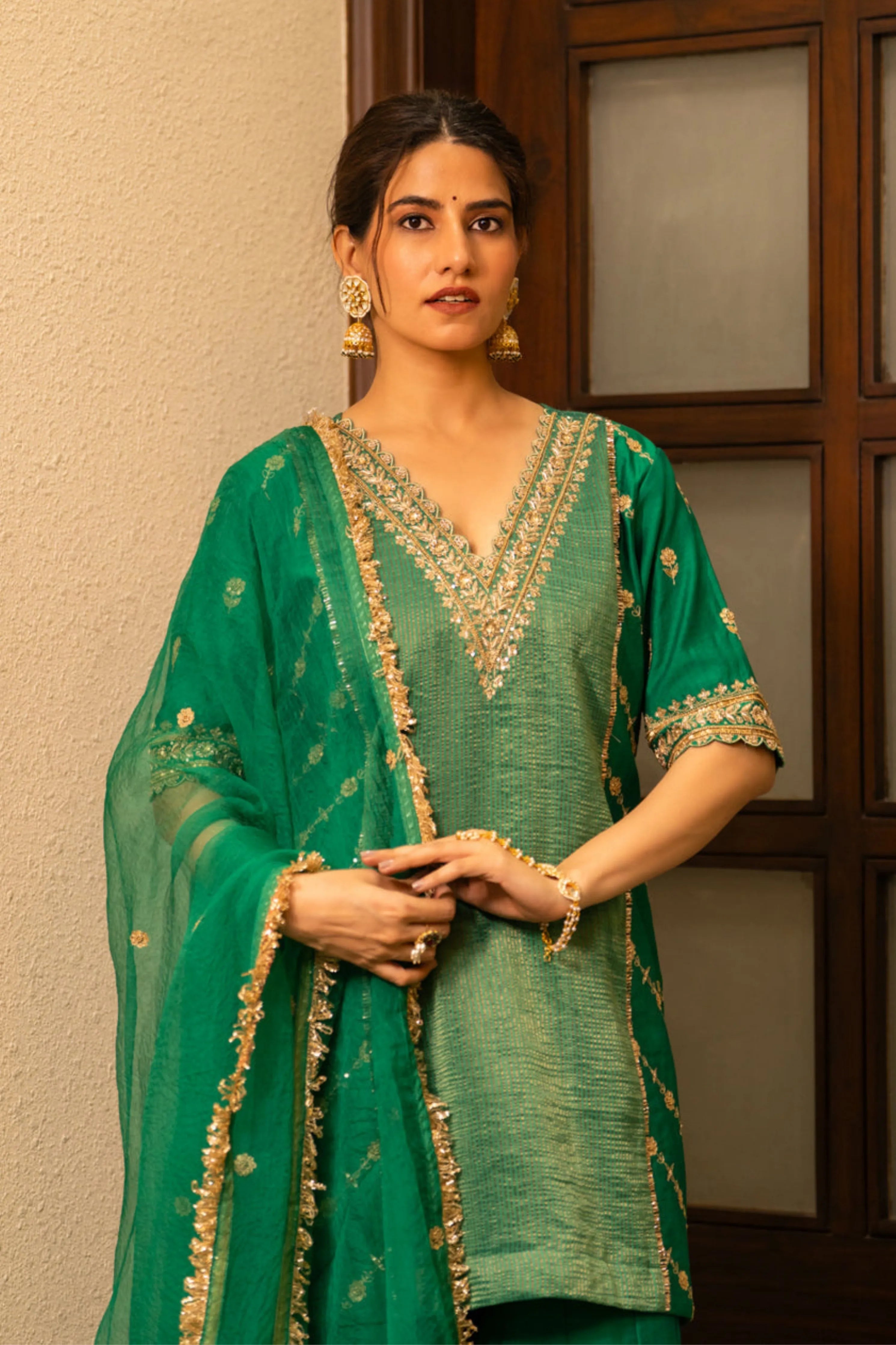 Green Moti Daman Sharara Set