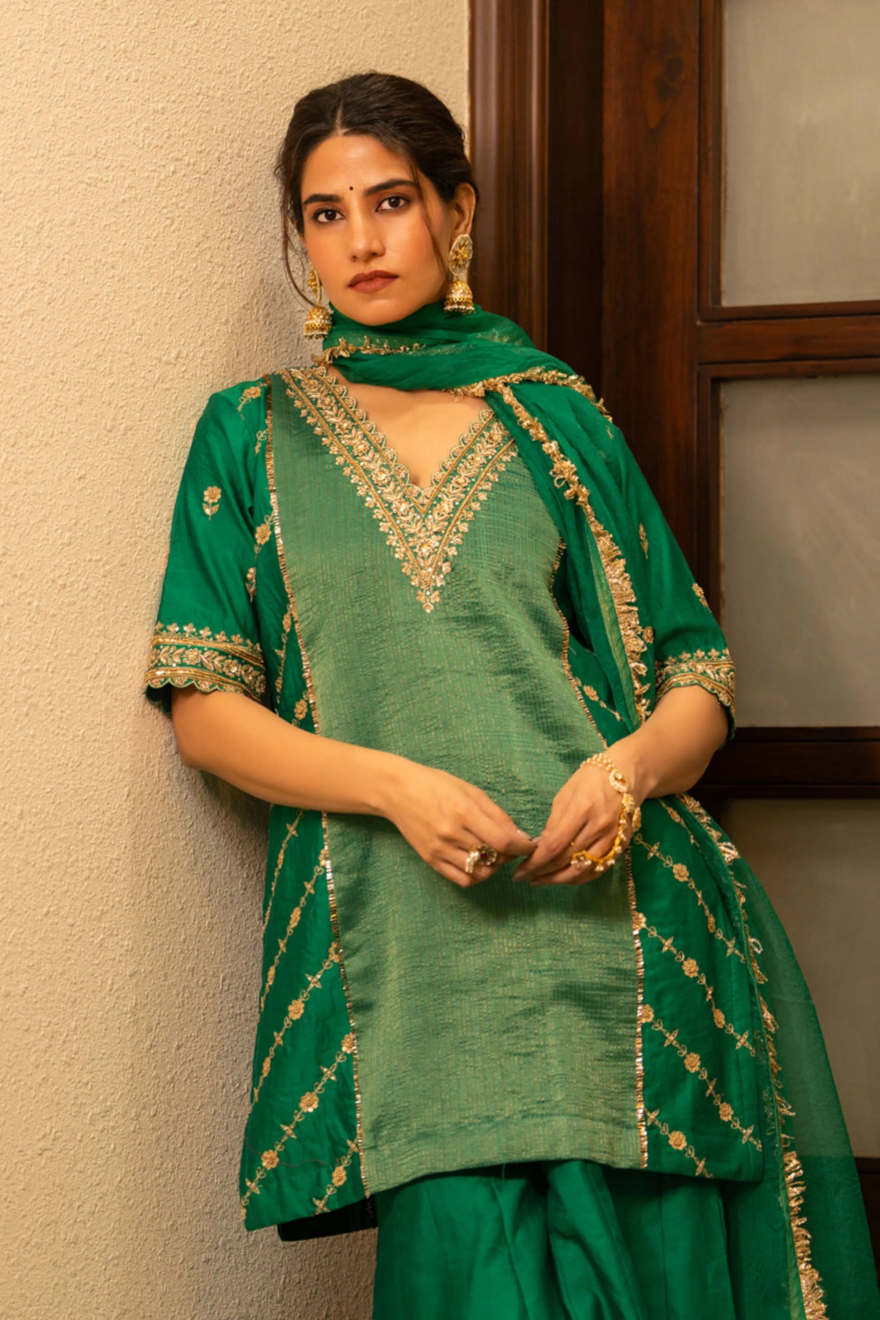 Green Moti Daman Sharara Set
