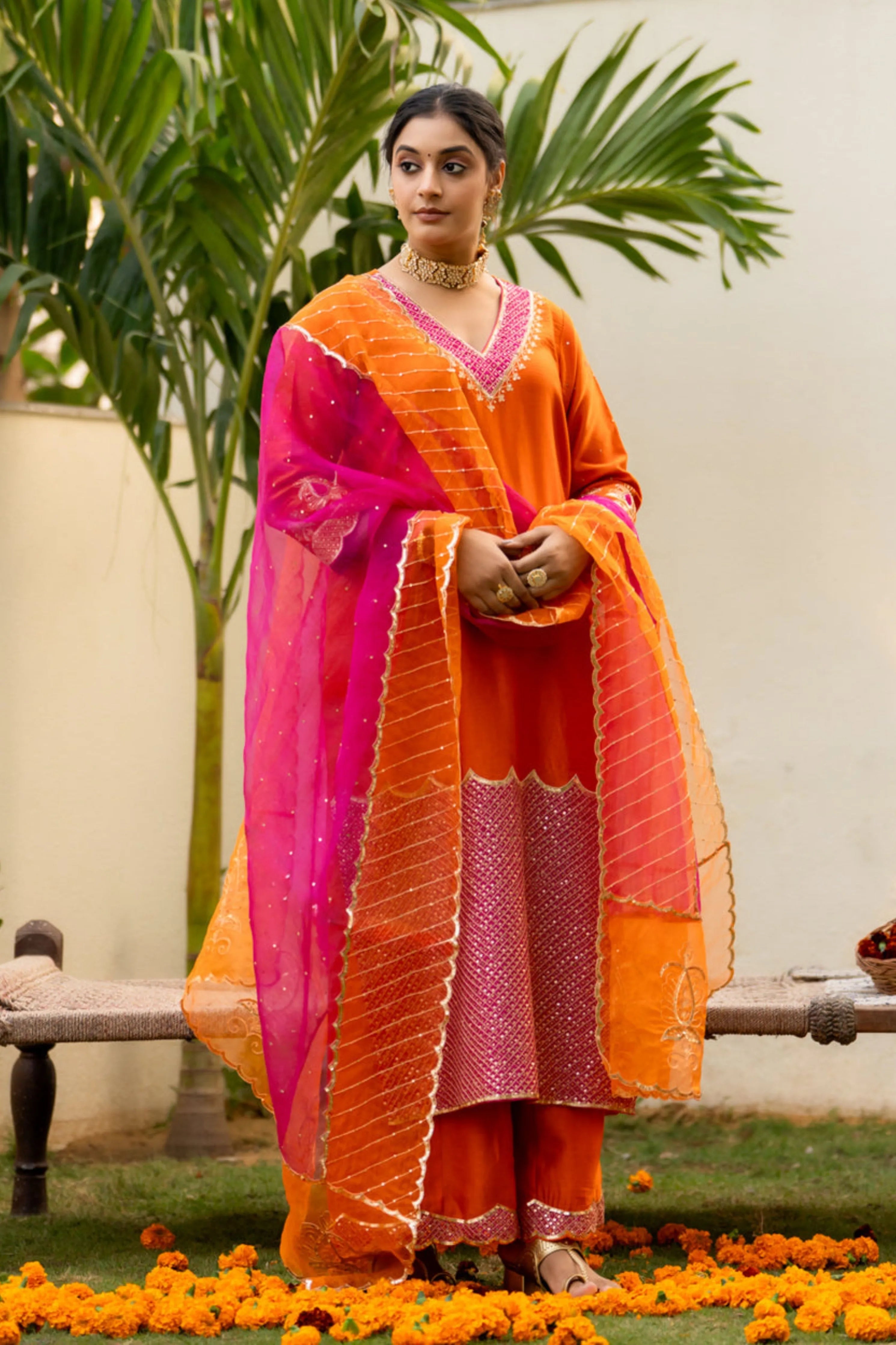 Orange Aari Sequinns Straight Kurta Set