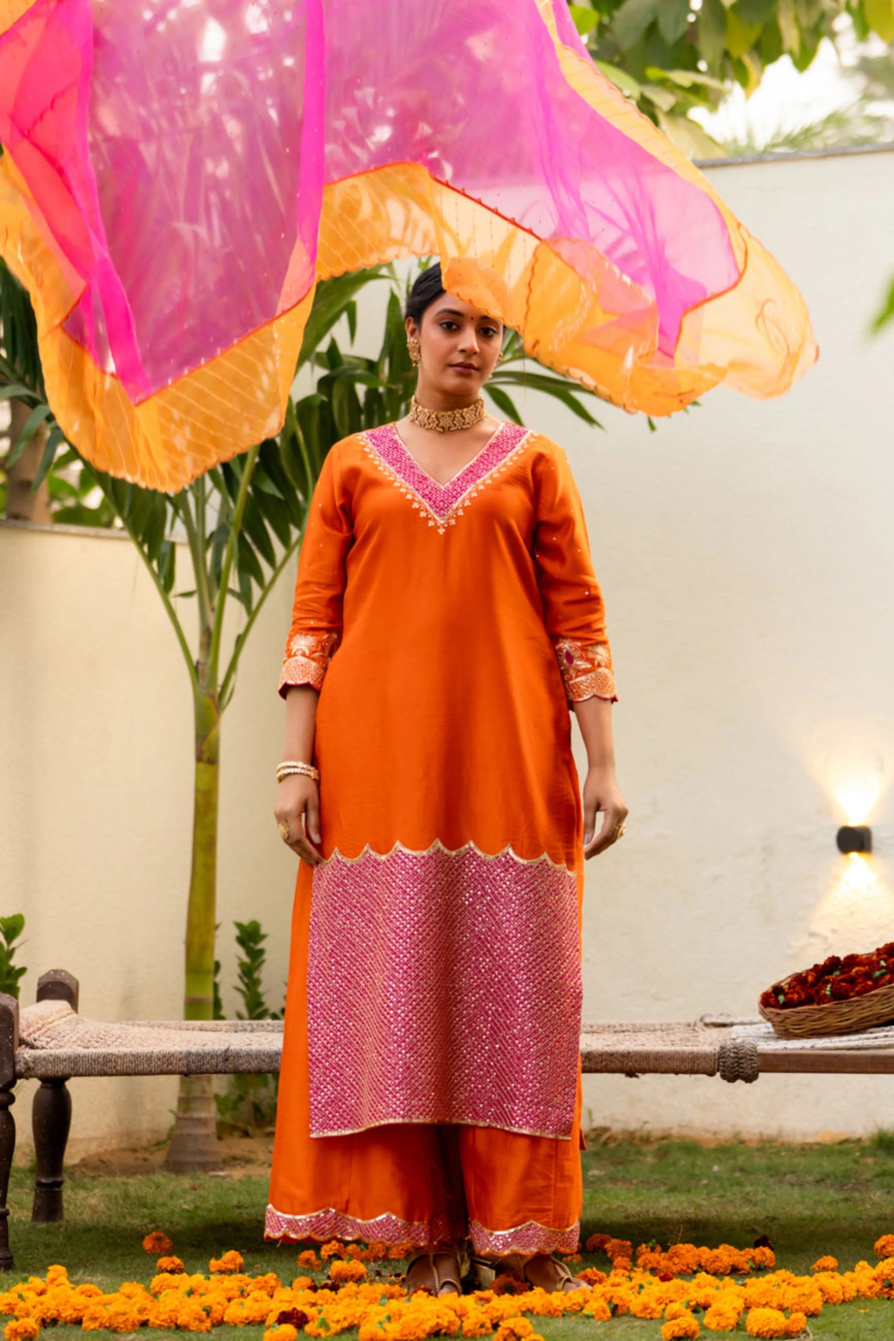Orange Aari Sequinns Straight Kurta Set