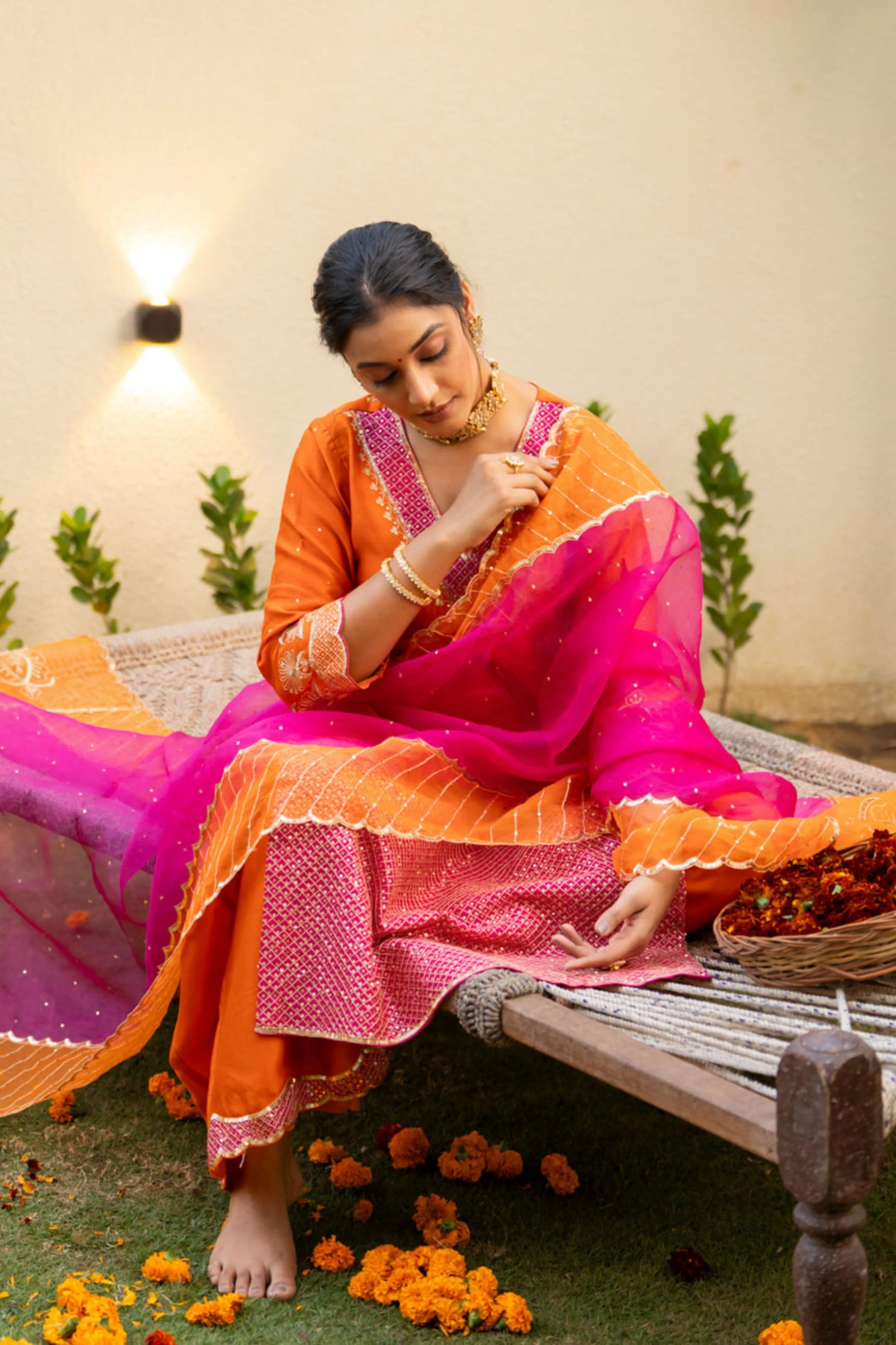 Orange Aari Sequinns Straight Kurta Set