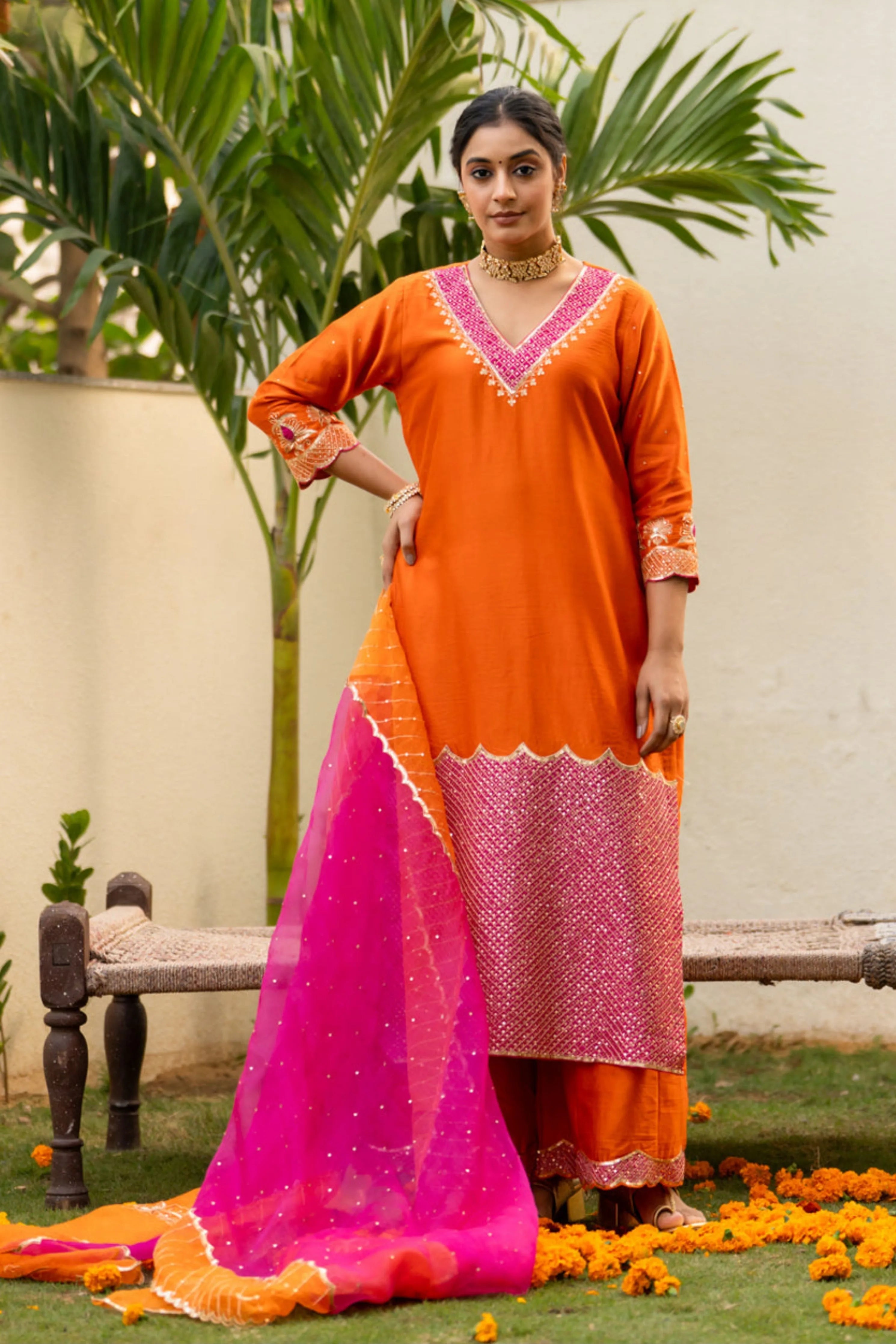 Orange Aari Sequinns Straight Kurta Set
