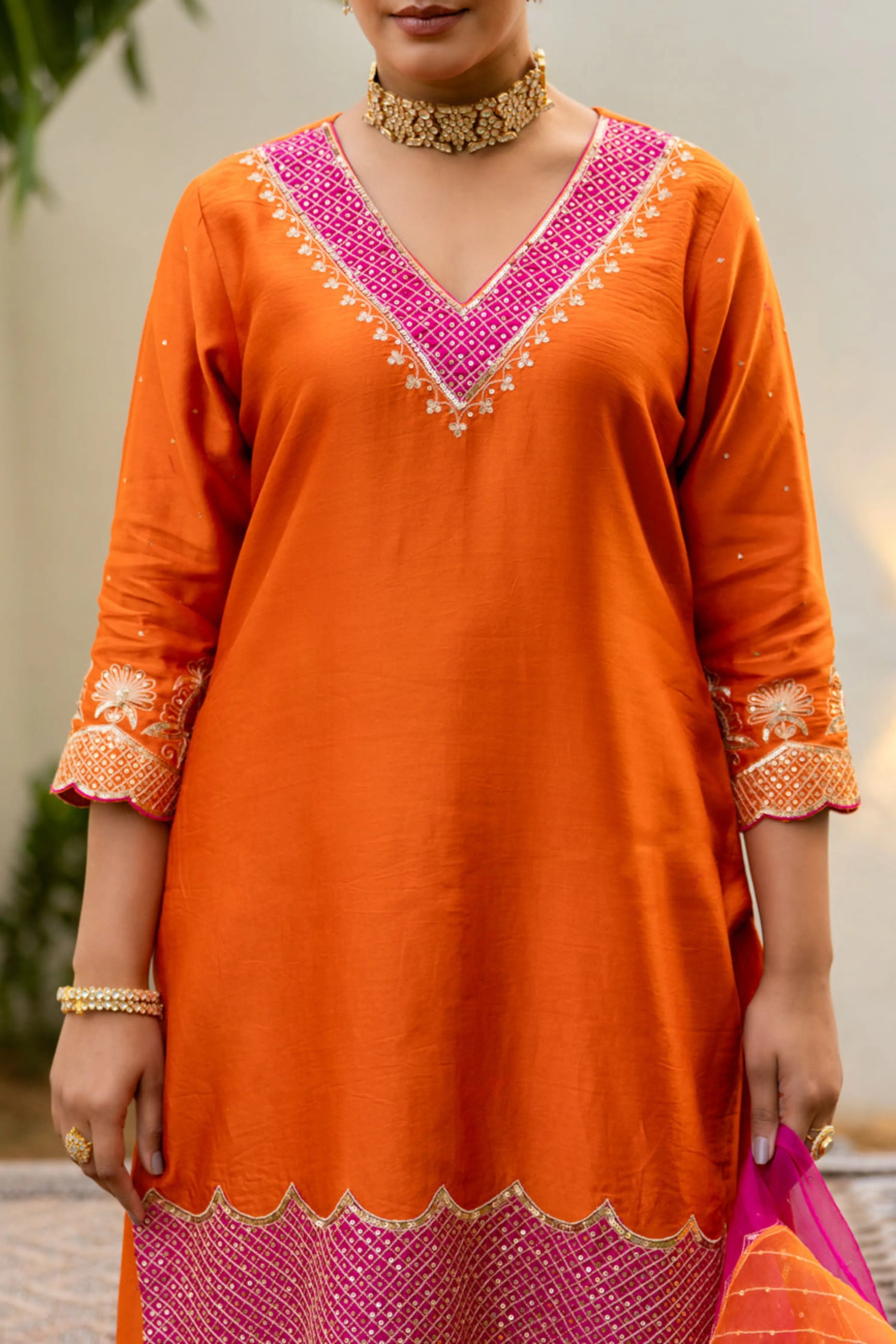 Orange Aari Sequinns Straight Kurta Set