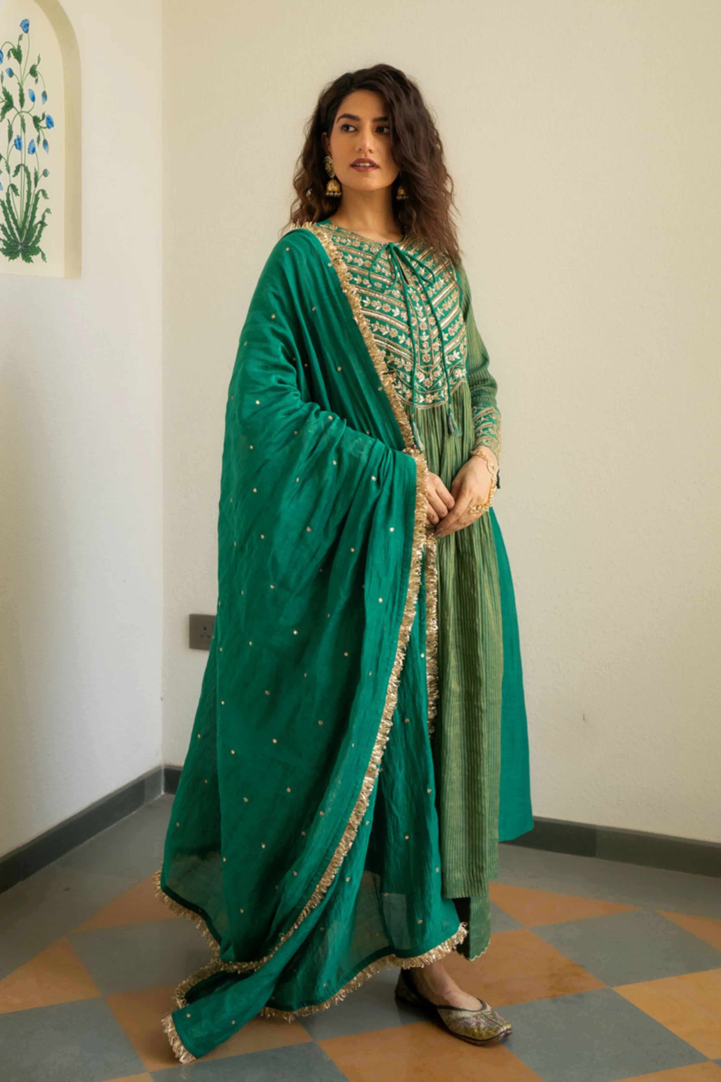 Green Tissue Centre Gathered Kurta Set