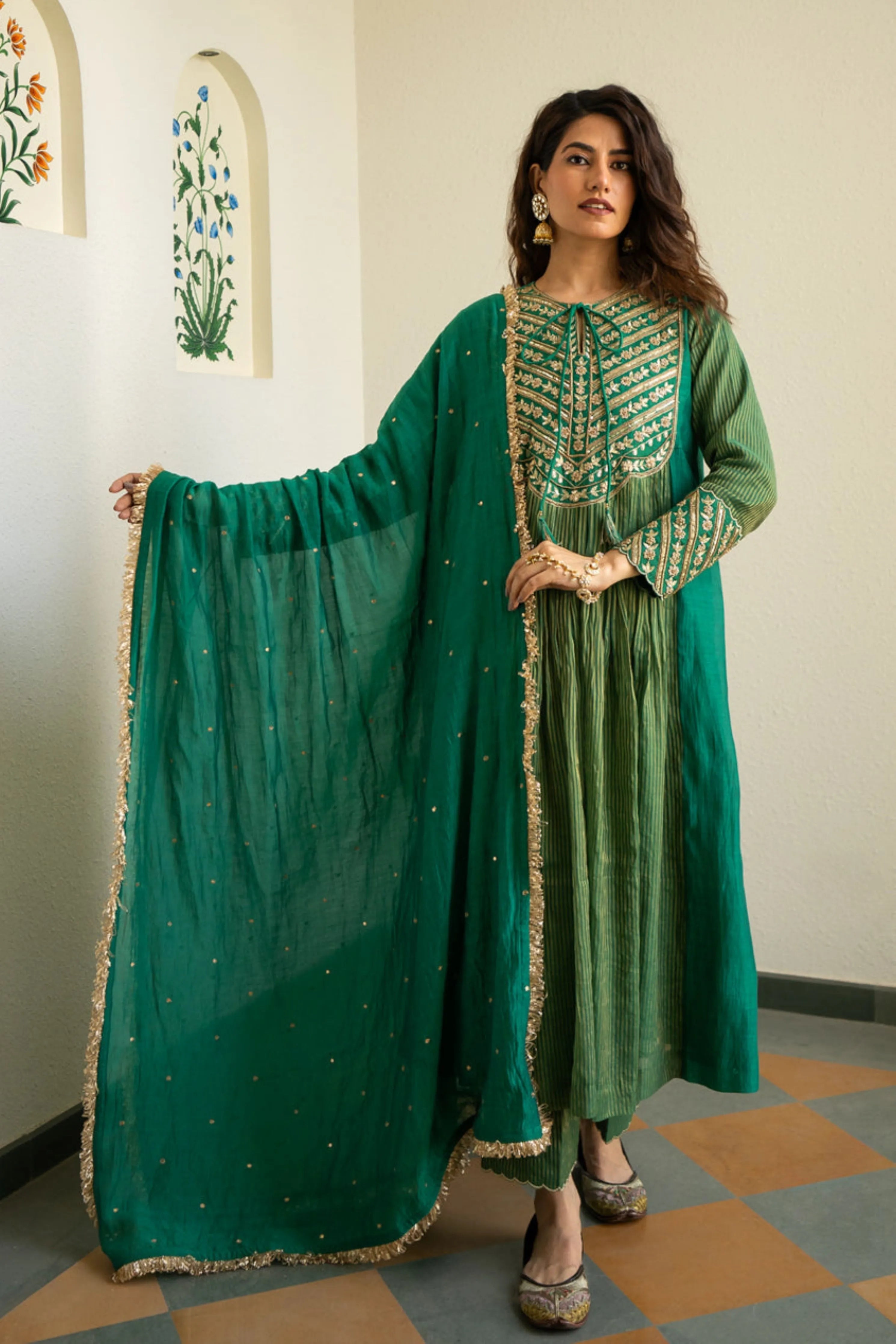 Green Tissue Centre Gathered Kurta Set