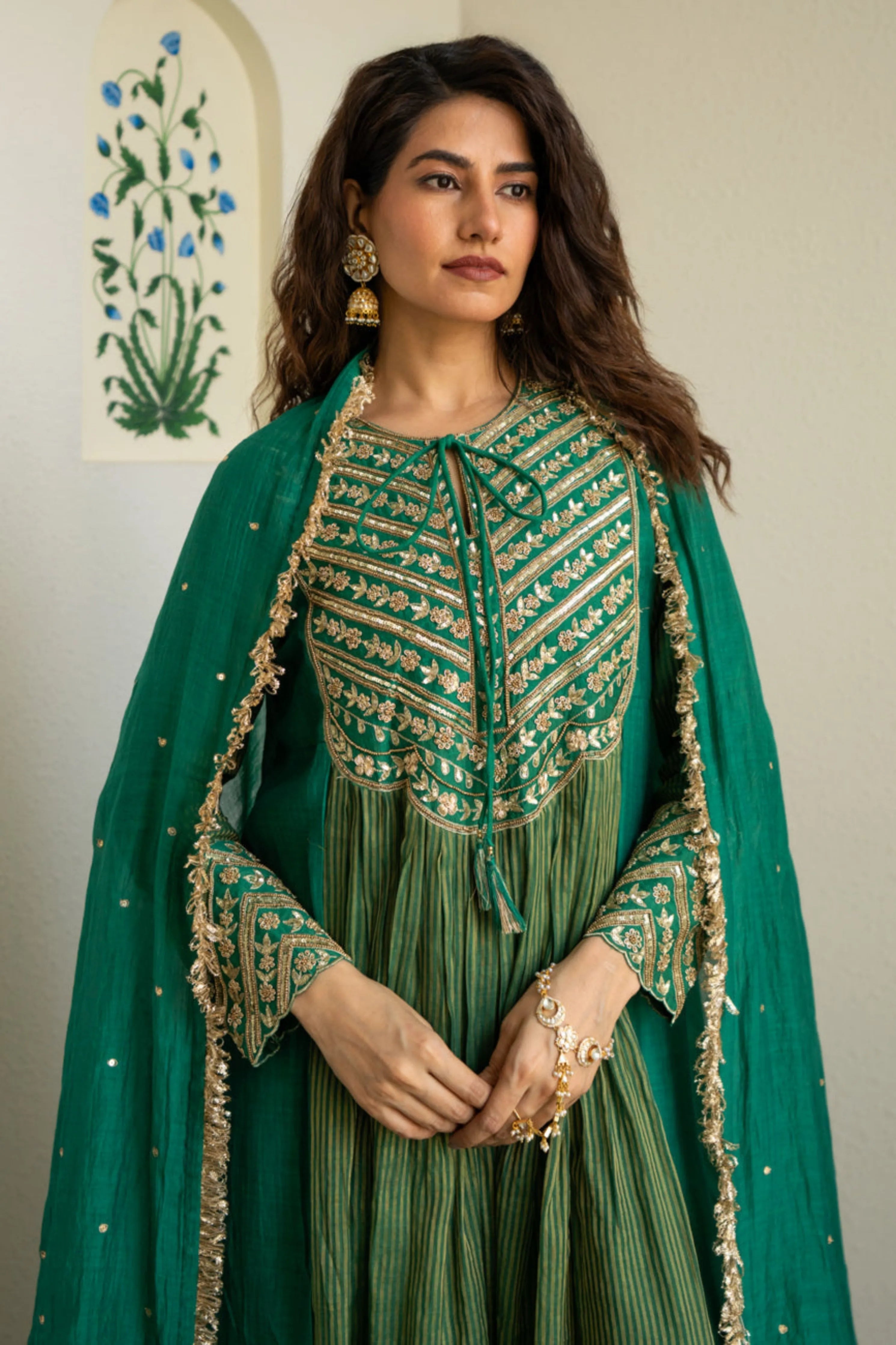 Green Tissue Centre Gathered Kurta Set