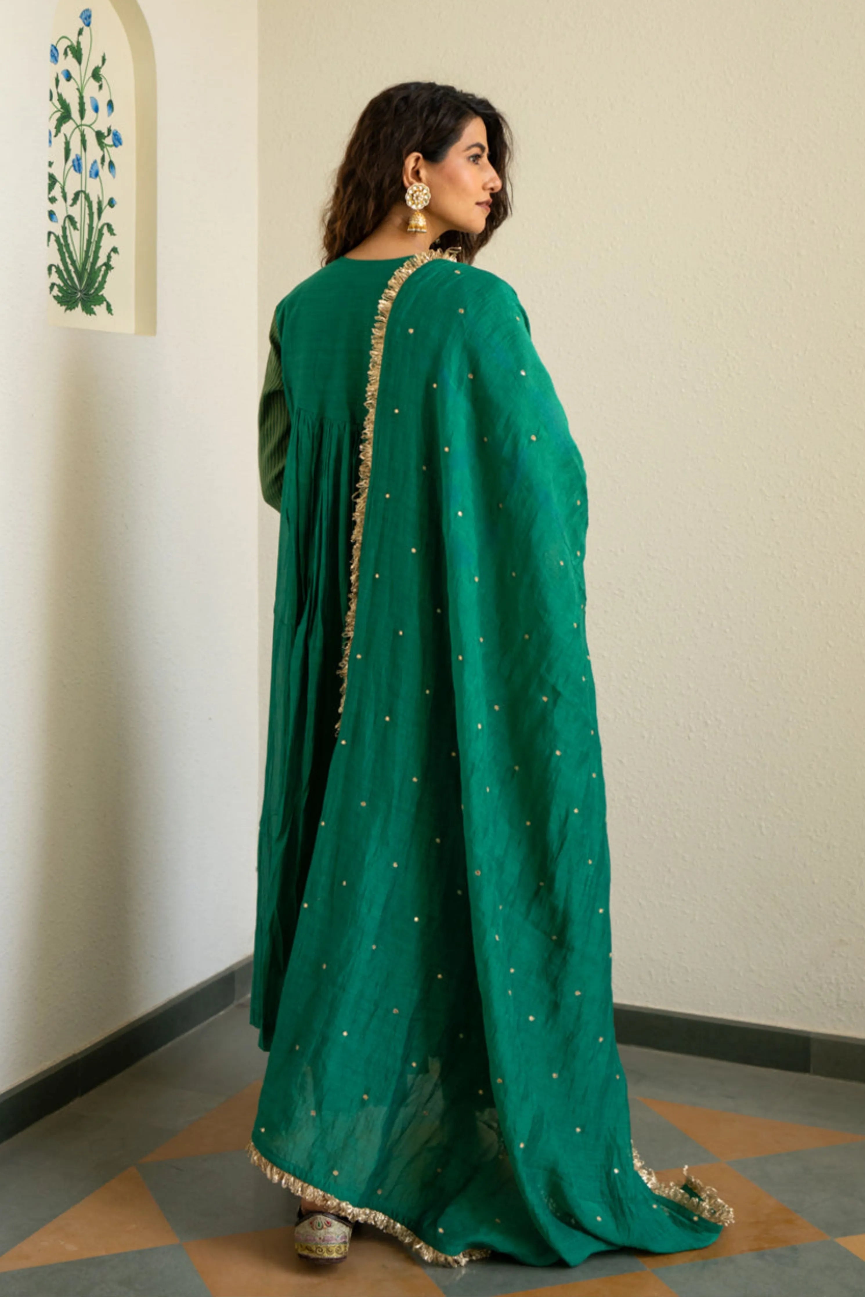 Green Tissue Centre Gathered Kurta Set