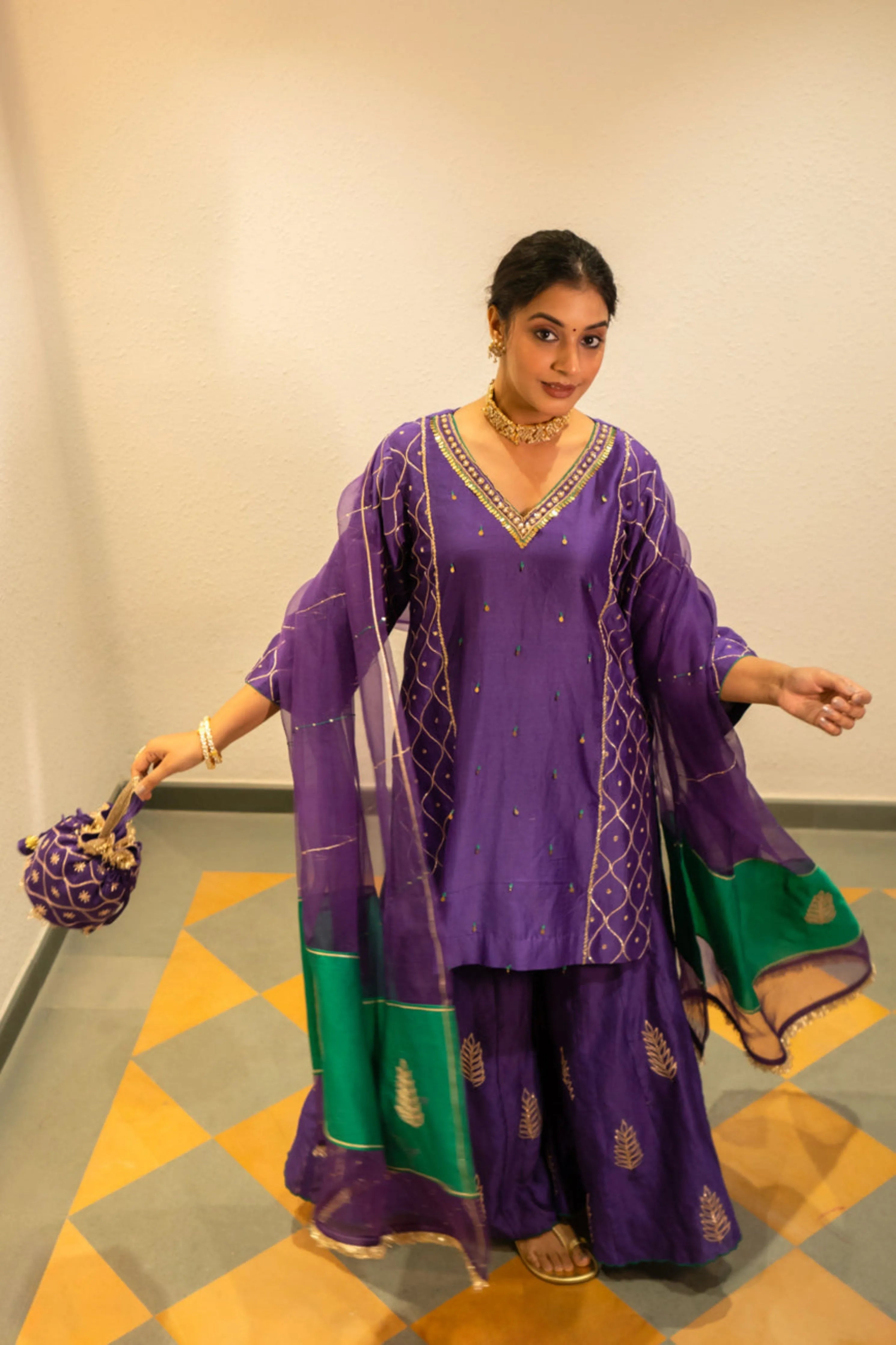 Purple Metallic Sharara Set