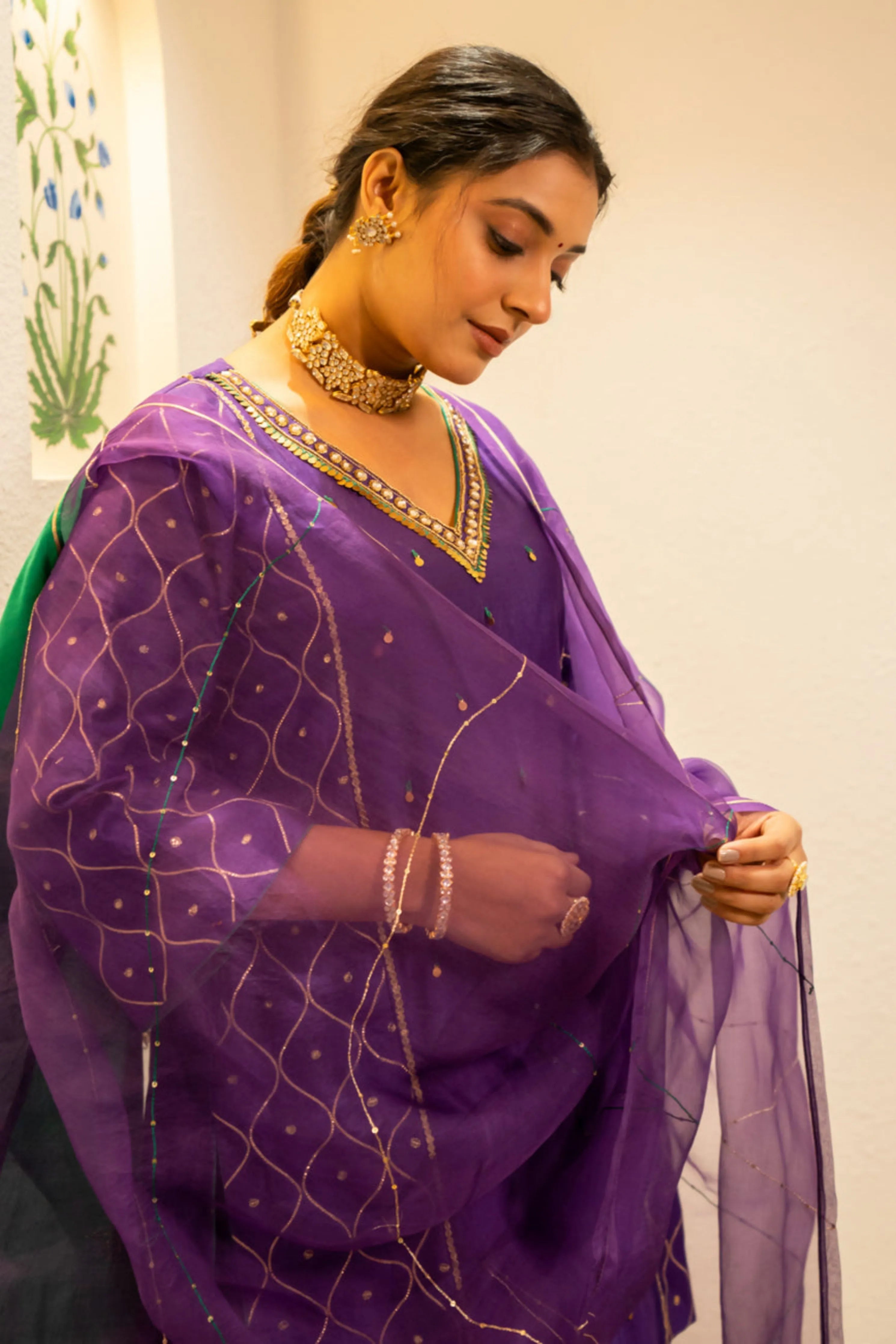 Purple Metallic Sharara Set