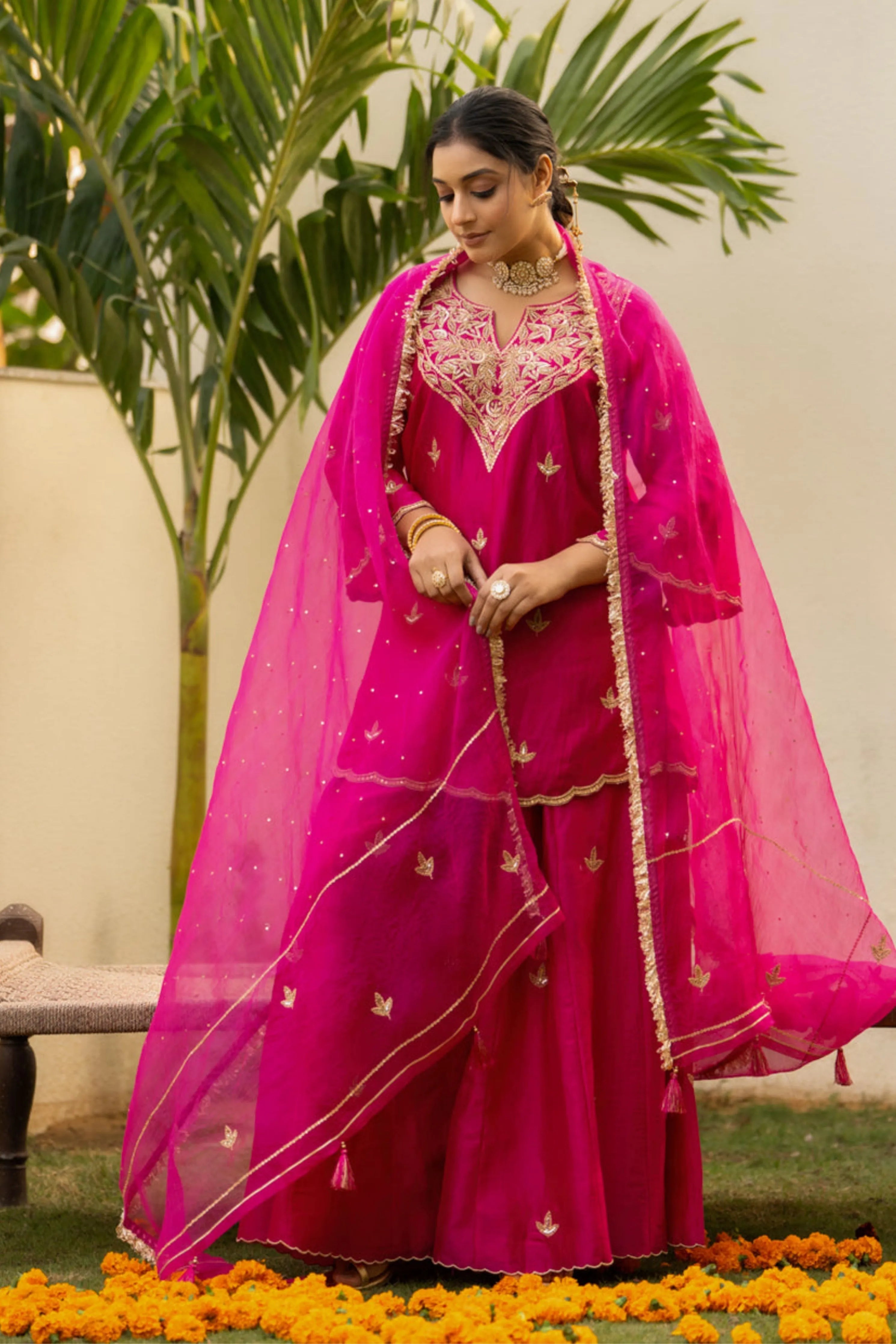 Pink Moti Daman Sharara Set
