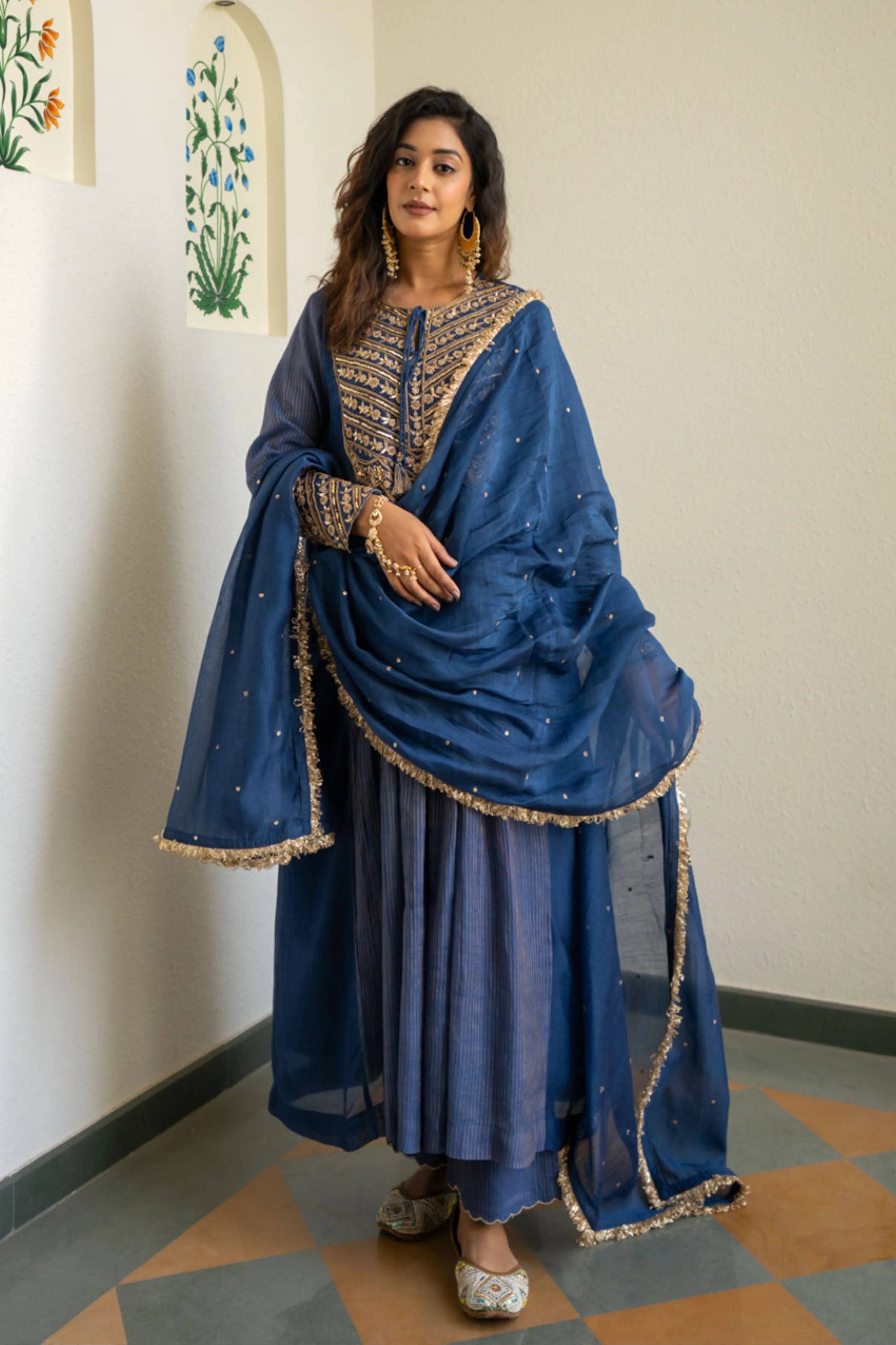 Midnight Blue Tissue Centre Gathered Kurta Set