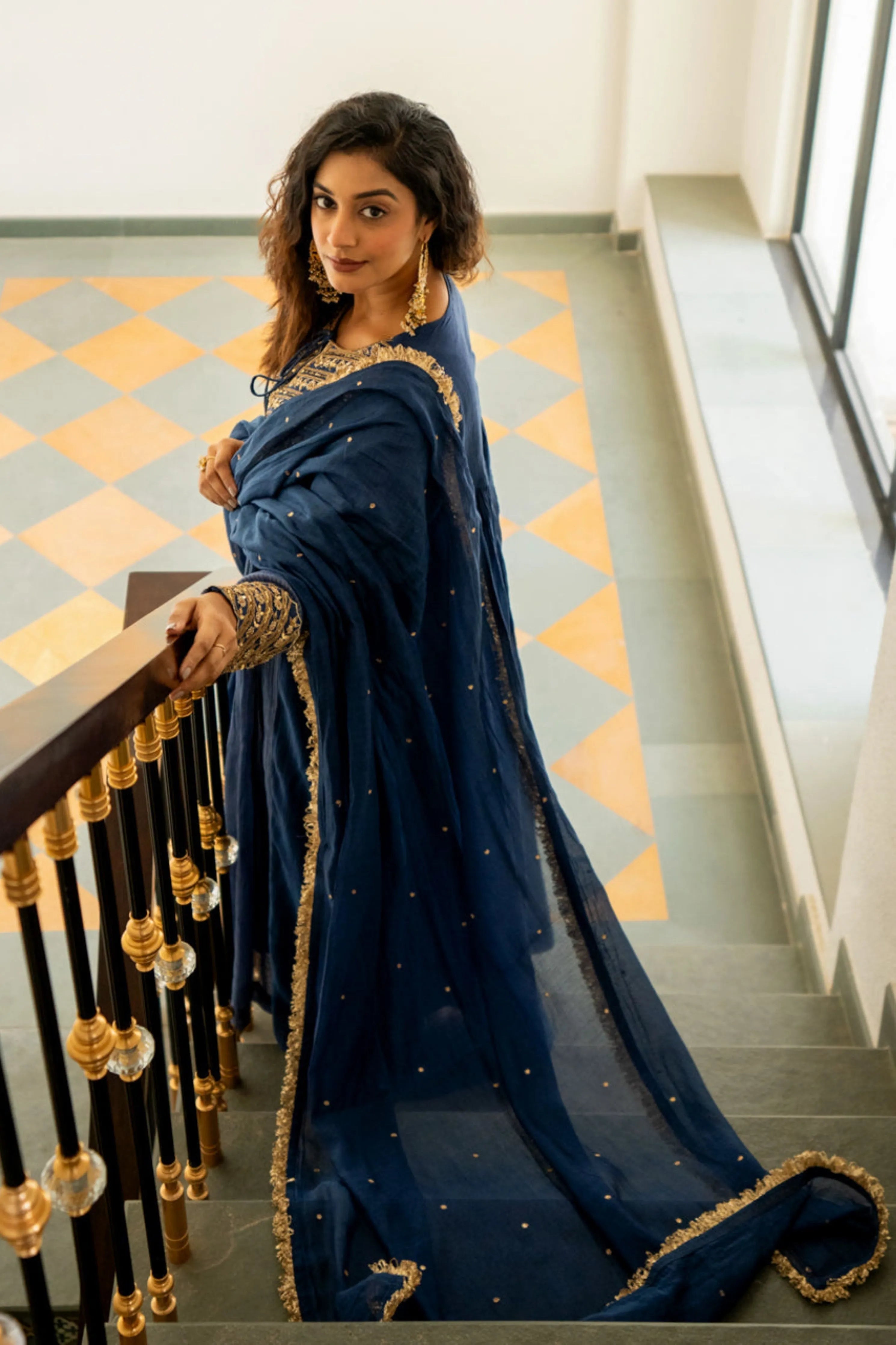 Midnight Blue Tissue Centre Gathered Kurta Set