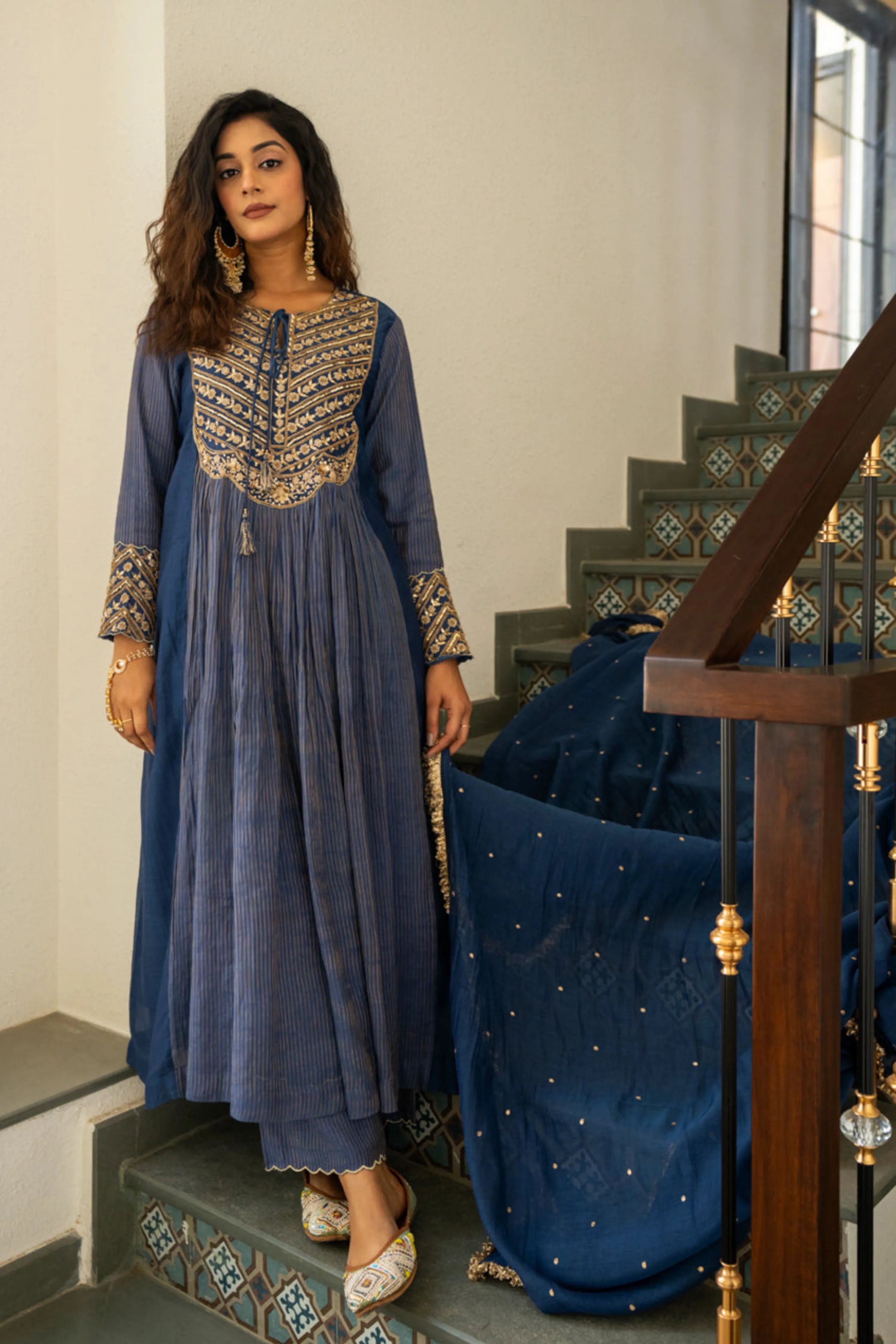 Midnight Blue Tissue Centre Gathered Kurta Set