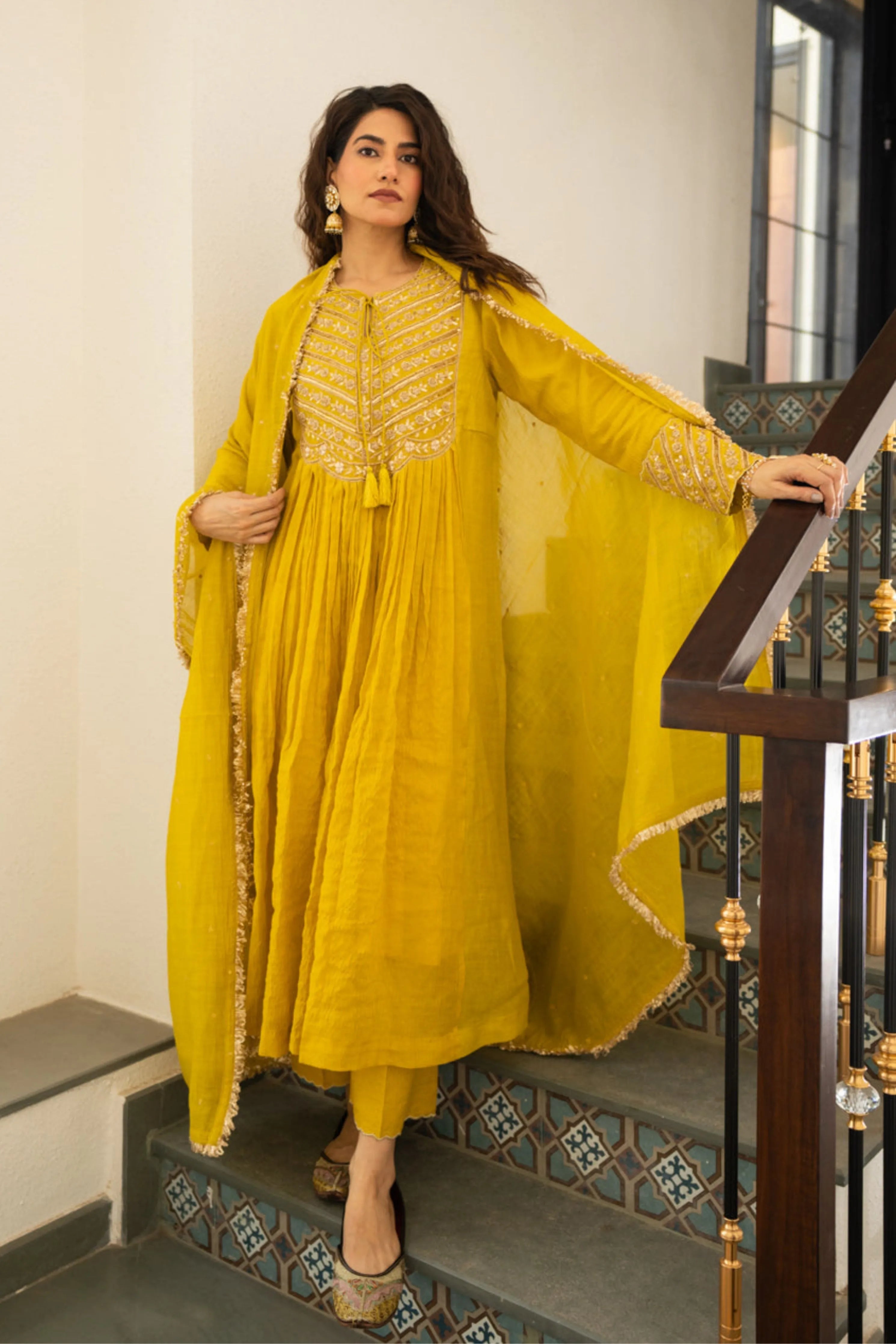 Lime Mustard Tissue Centre Gathered Kurta Set