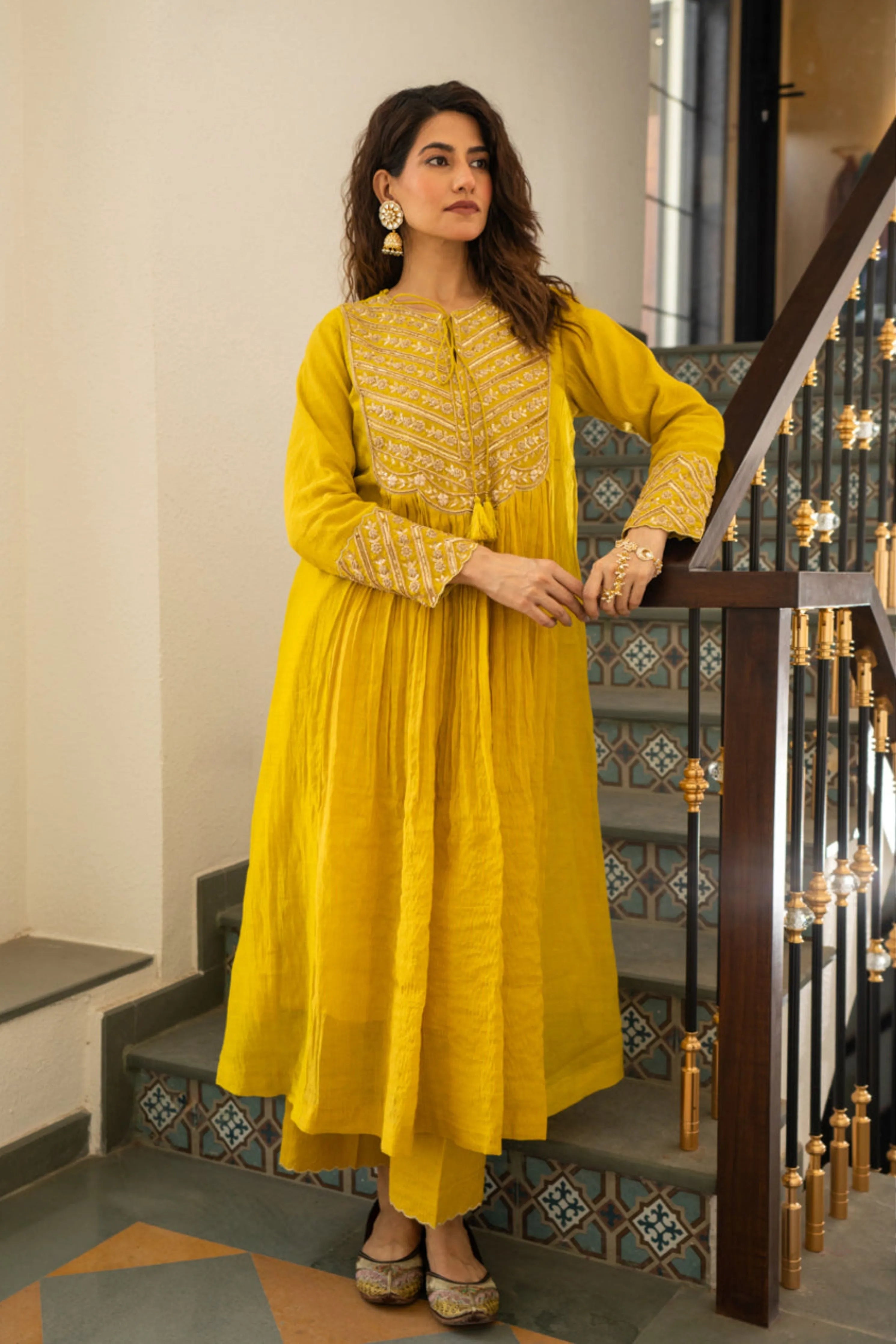 Lime Mustard Tissue Centre Gathered Kurta Set