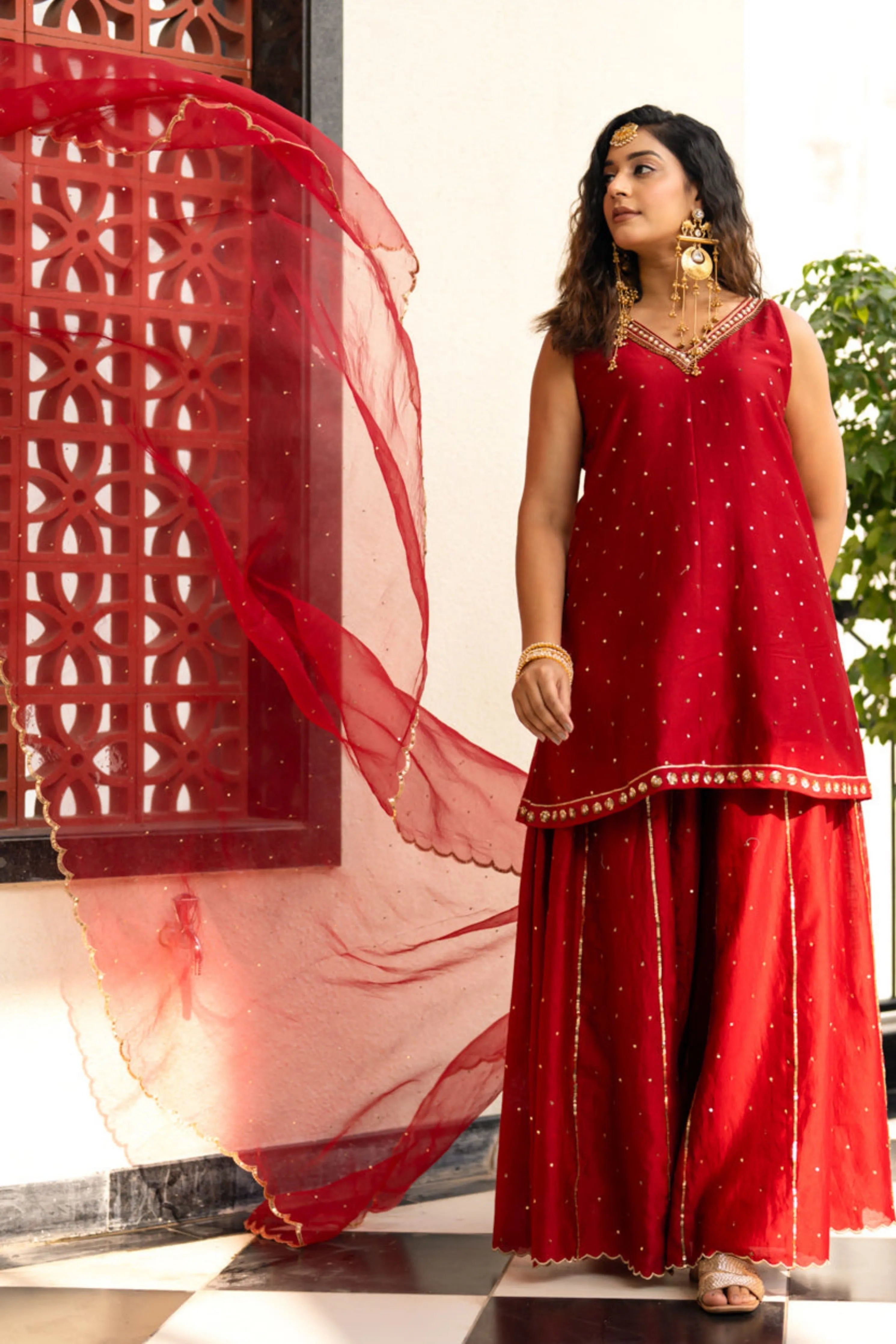 Deep Maroon Sequinns Sharara Set