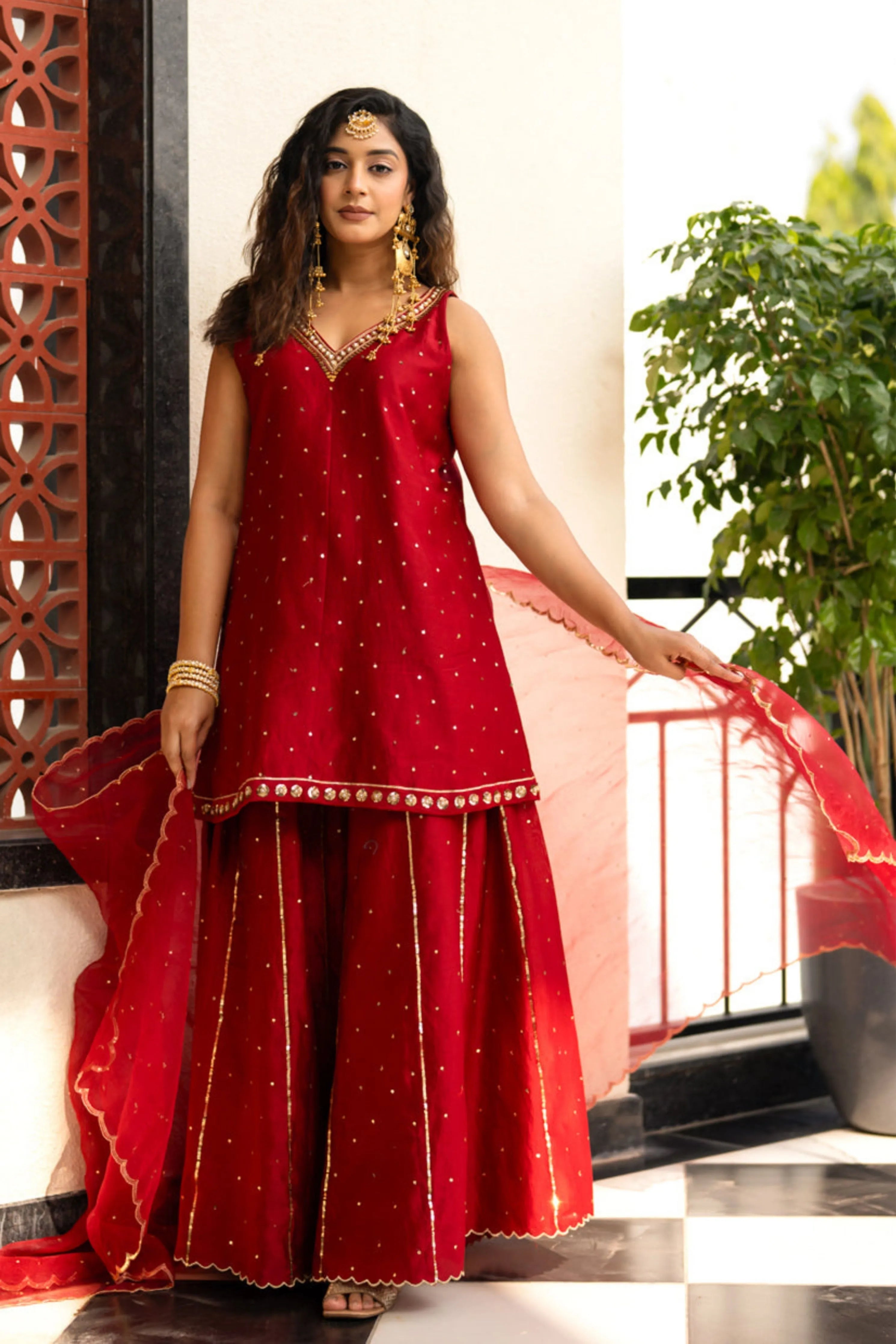 Deep Maroon Sequinns Sharara Set