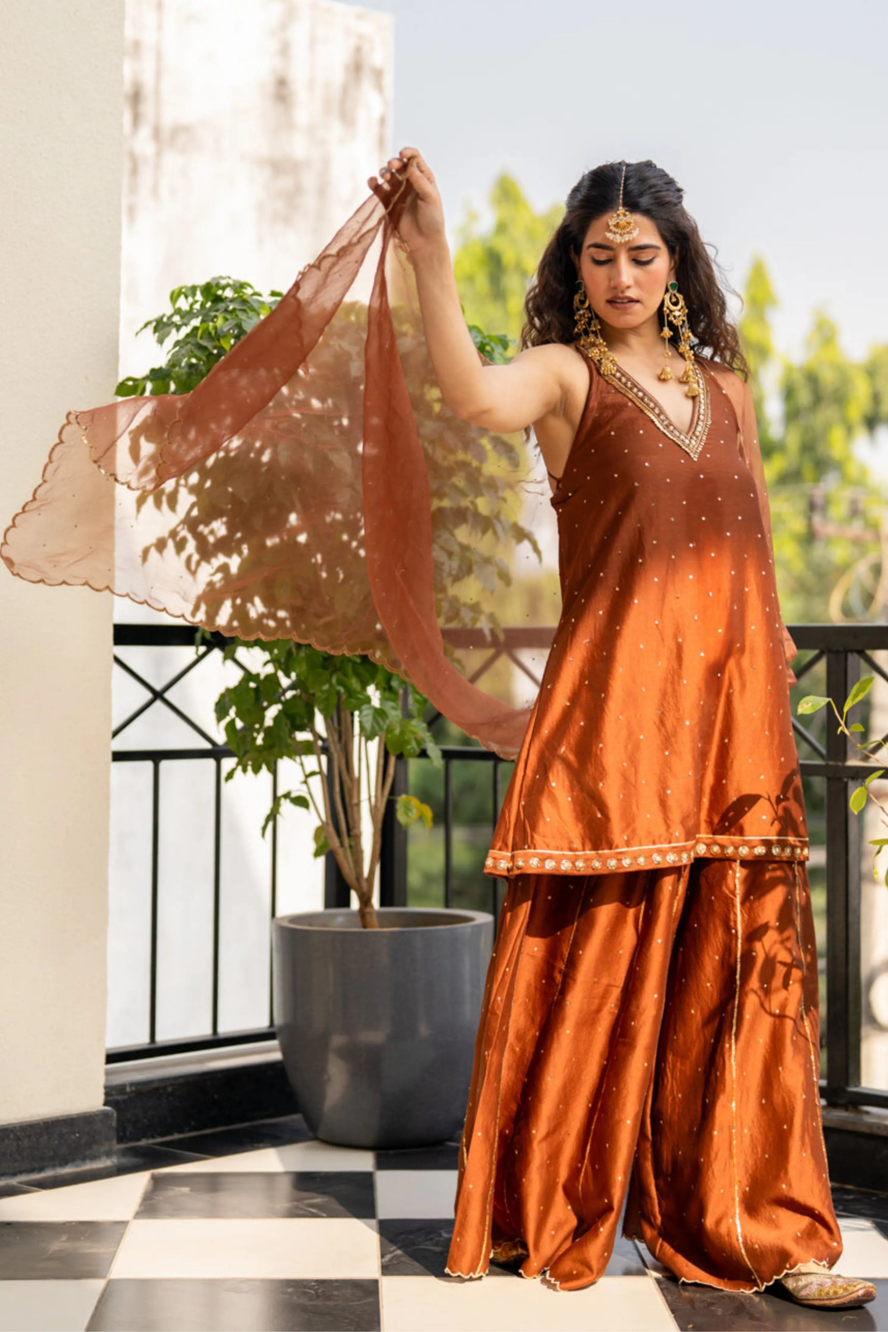 Brown Sequinns Sharara Set