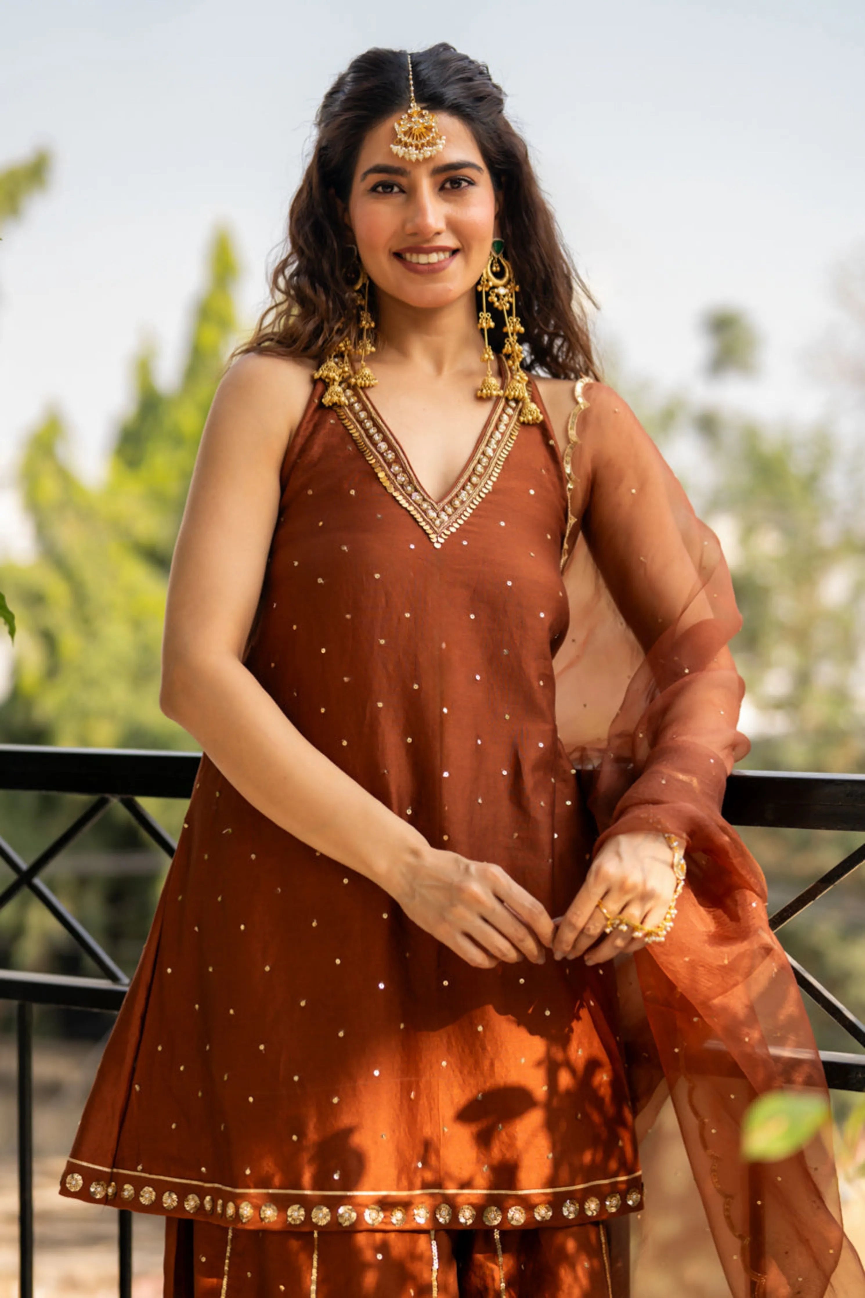 Brown Sequinns Sharara Set