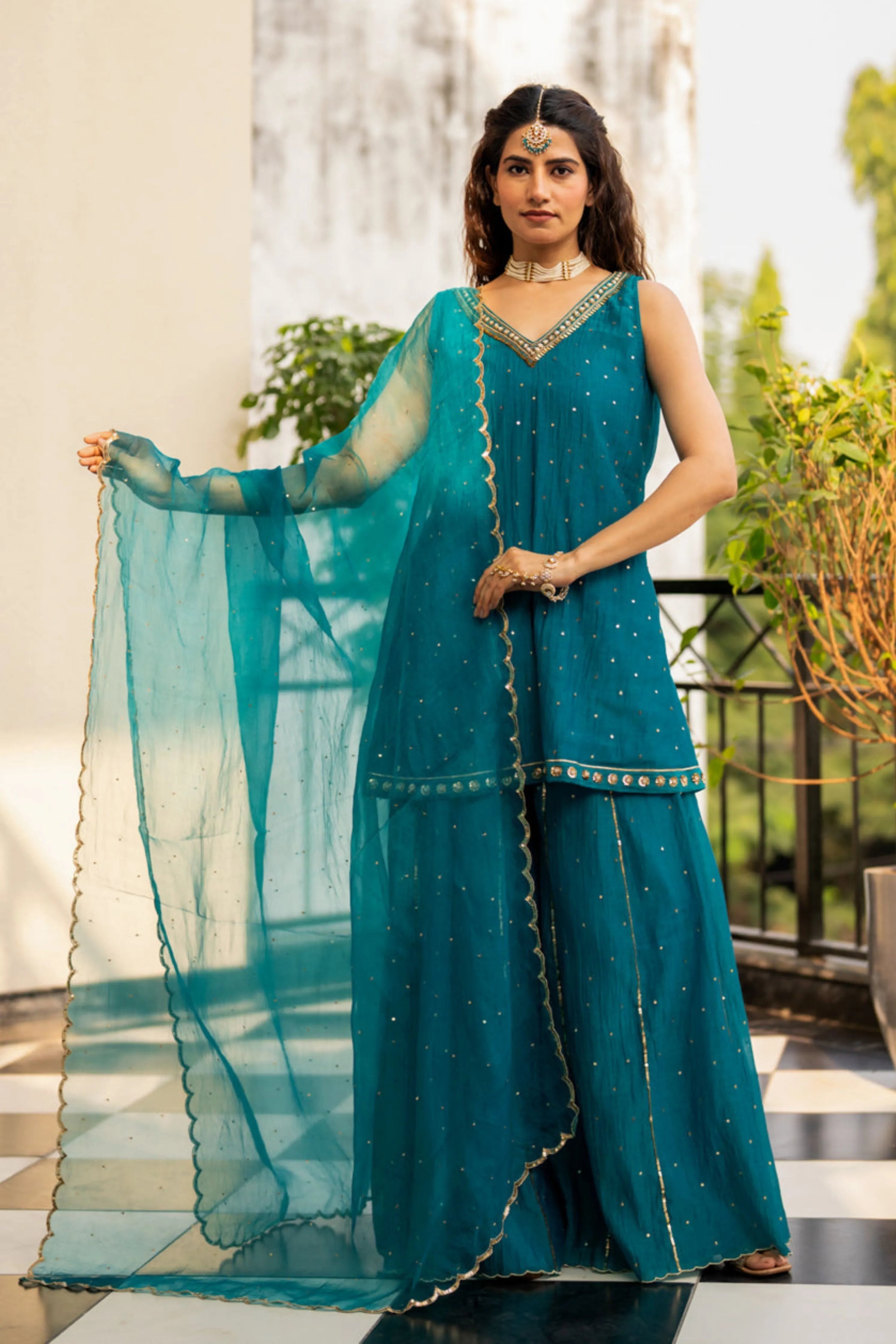Teal Blue Sequinns Sharara Set