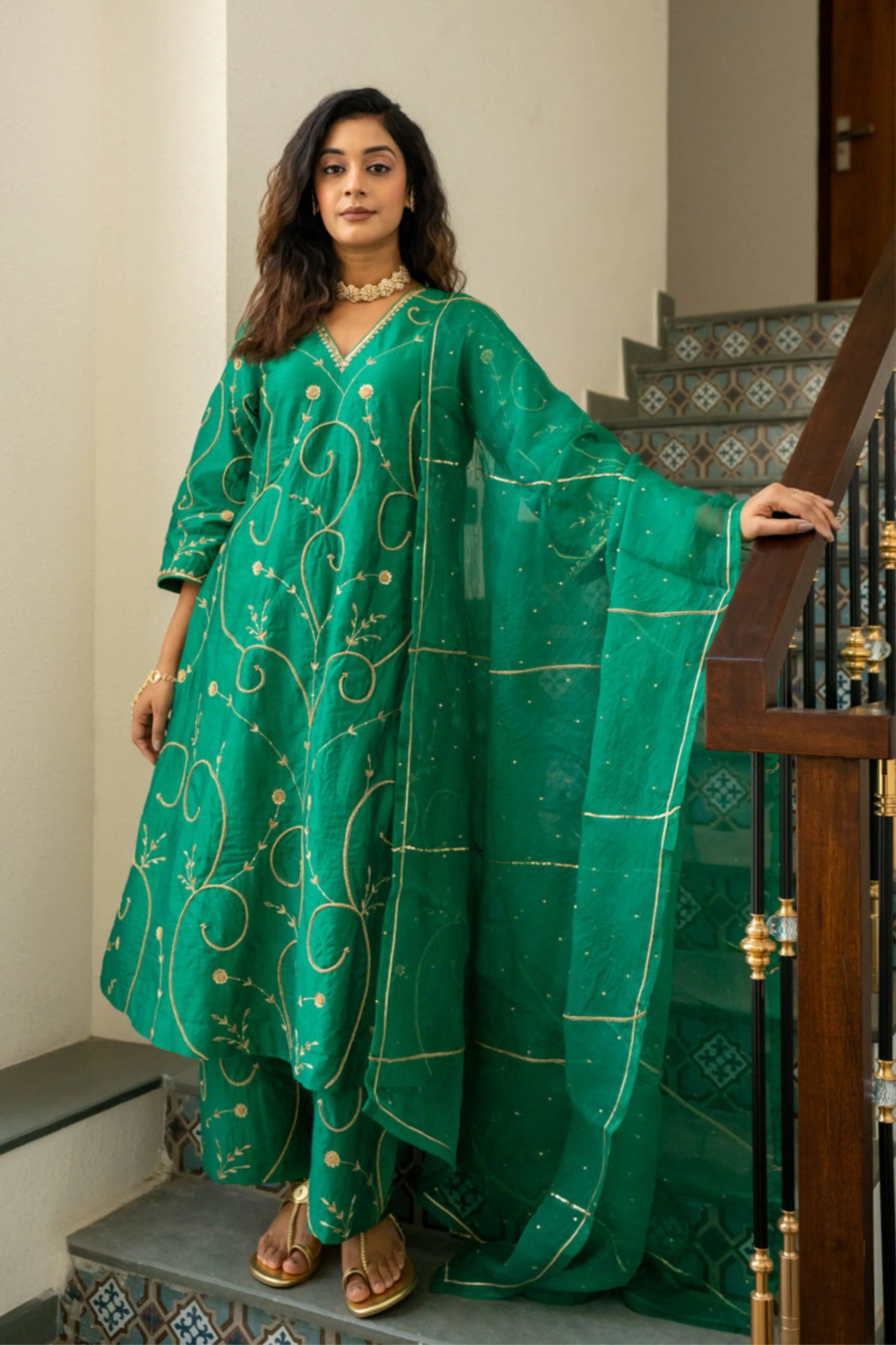 Green Moti Jaal A-Line Kurta Set