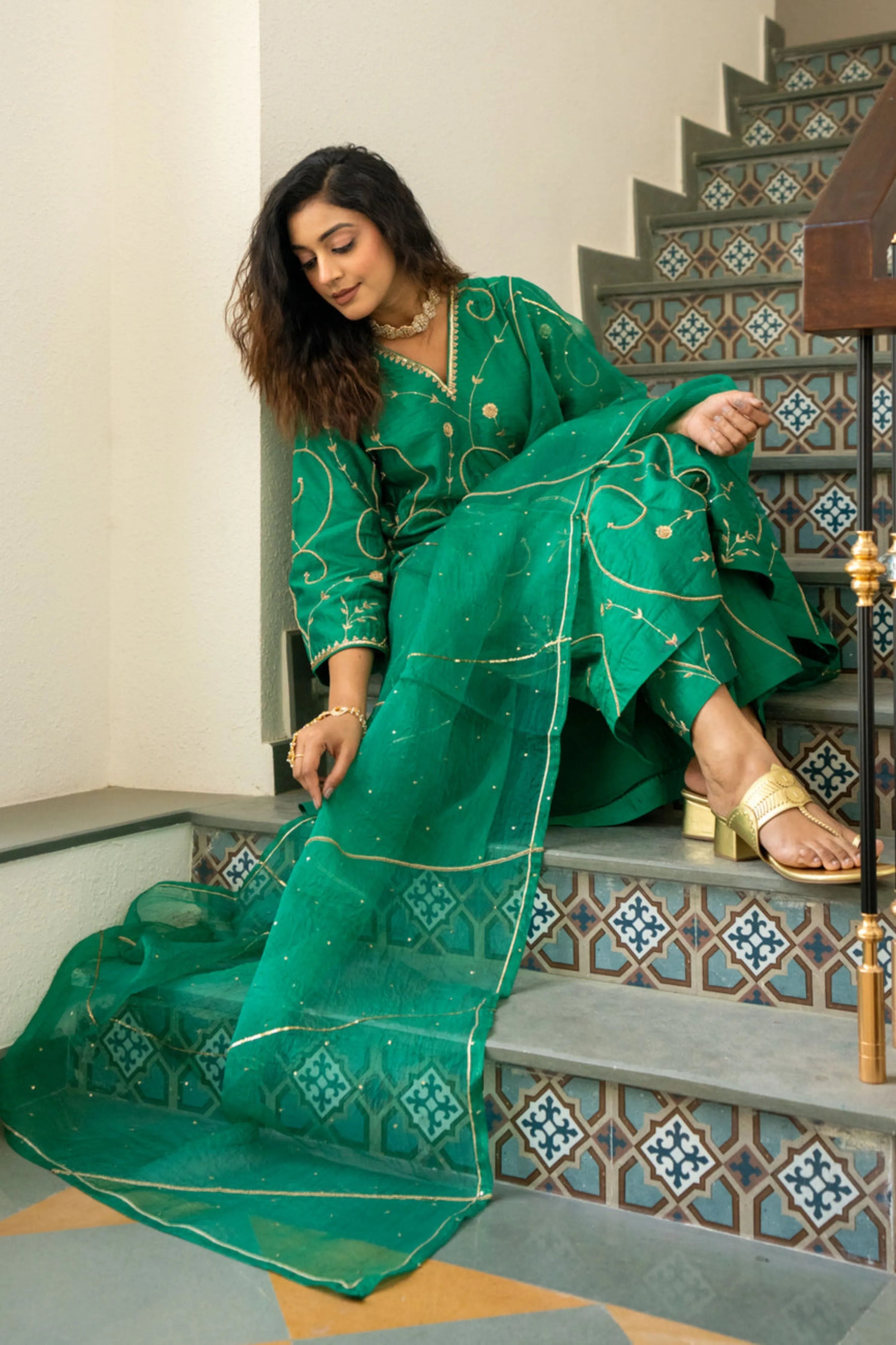 Green Moti Jaal A-Line Kurta Set