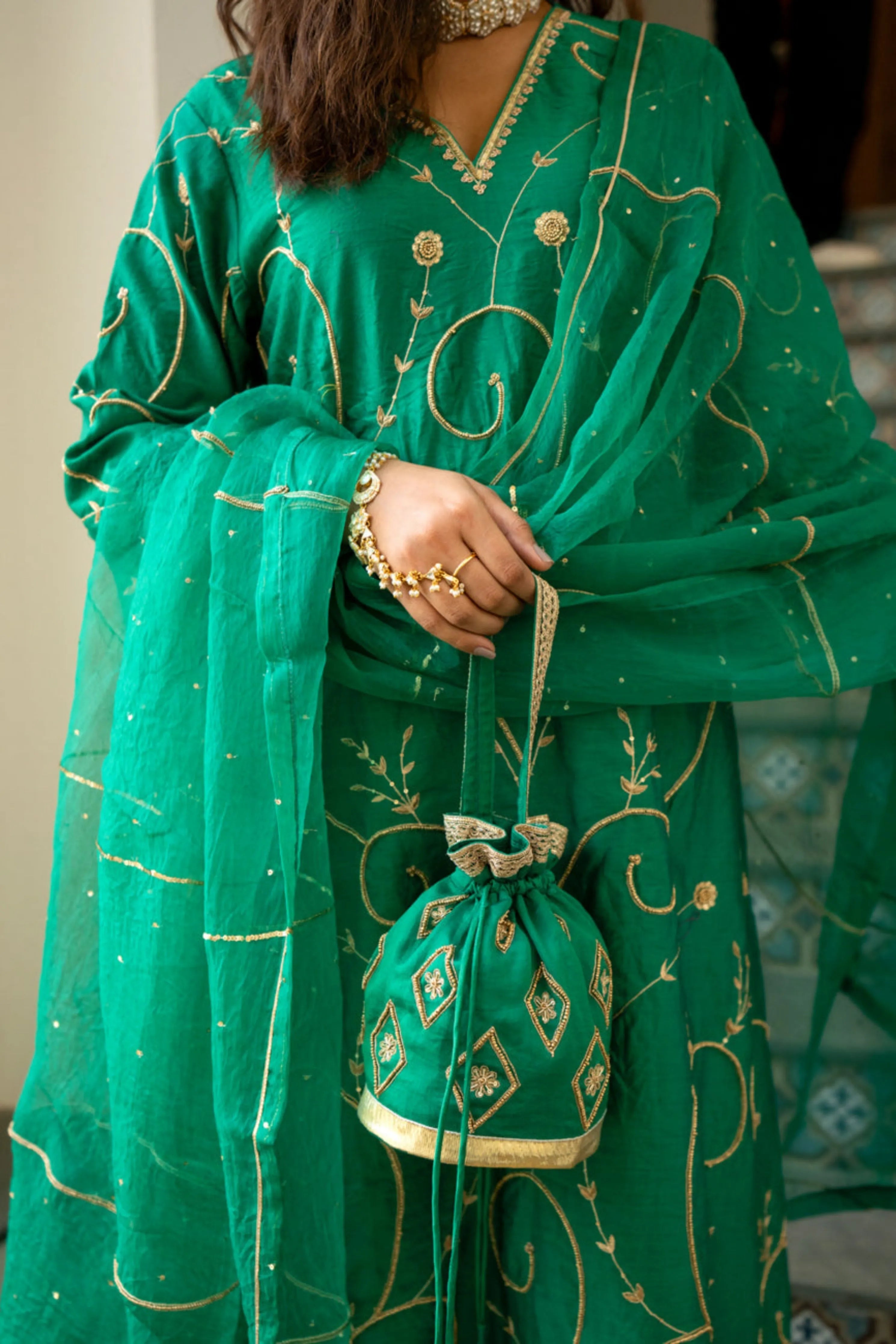 Green Moti Jaal A-Line Kurta Set