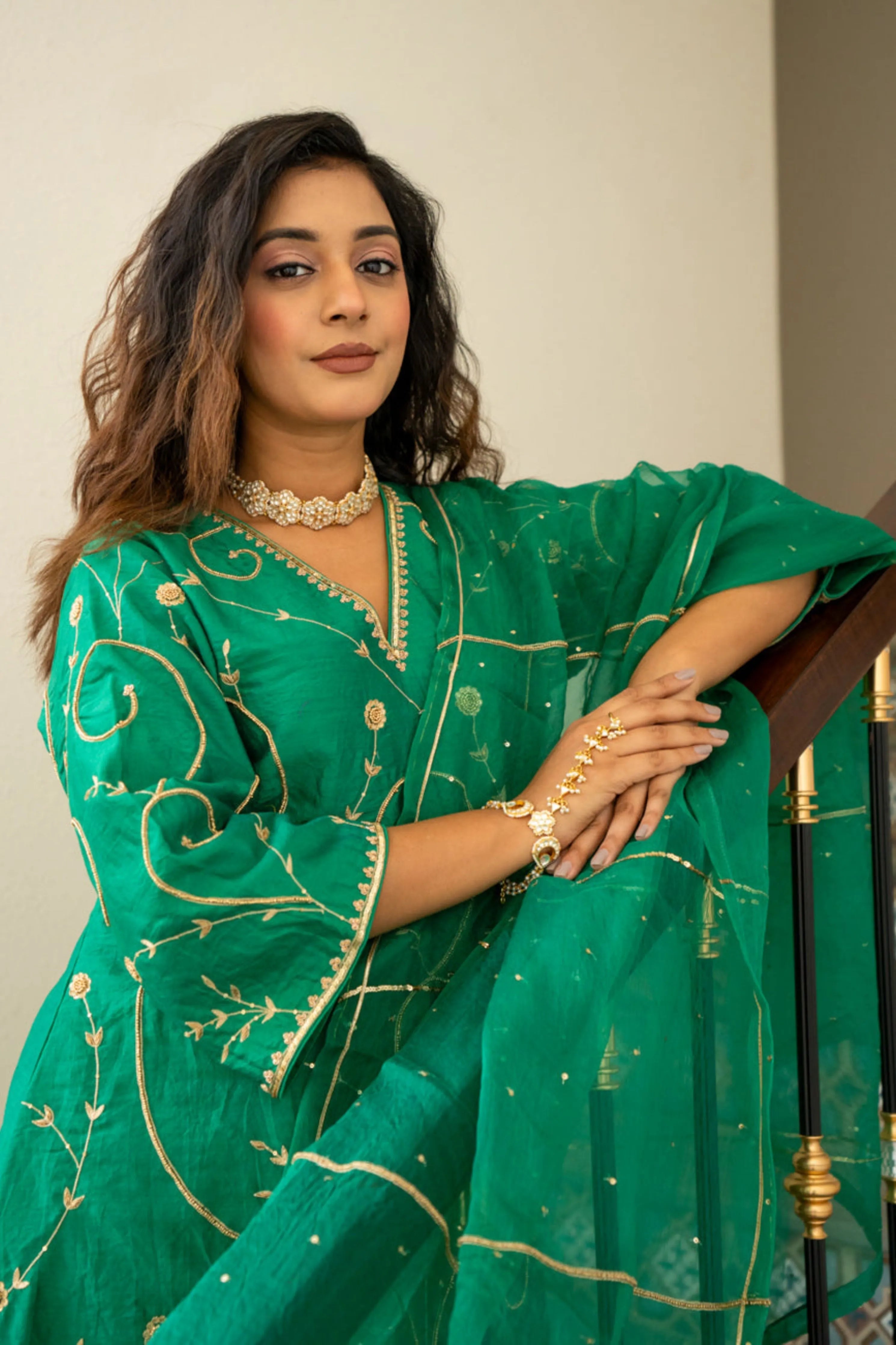 Green Moti Jaal A-Line Kurta Set