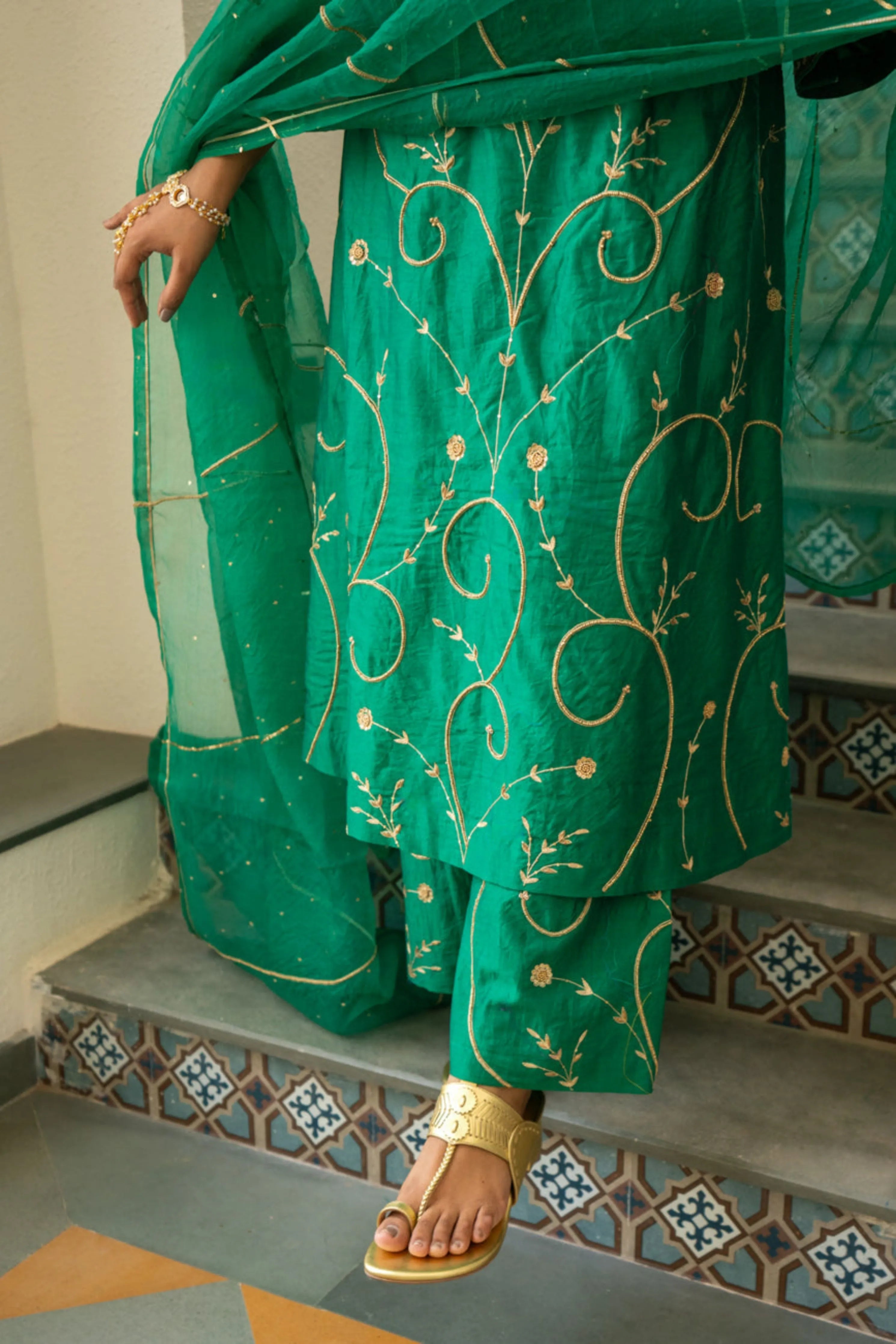 Green Moti Jaal A-Line Kurta Set