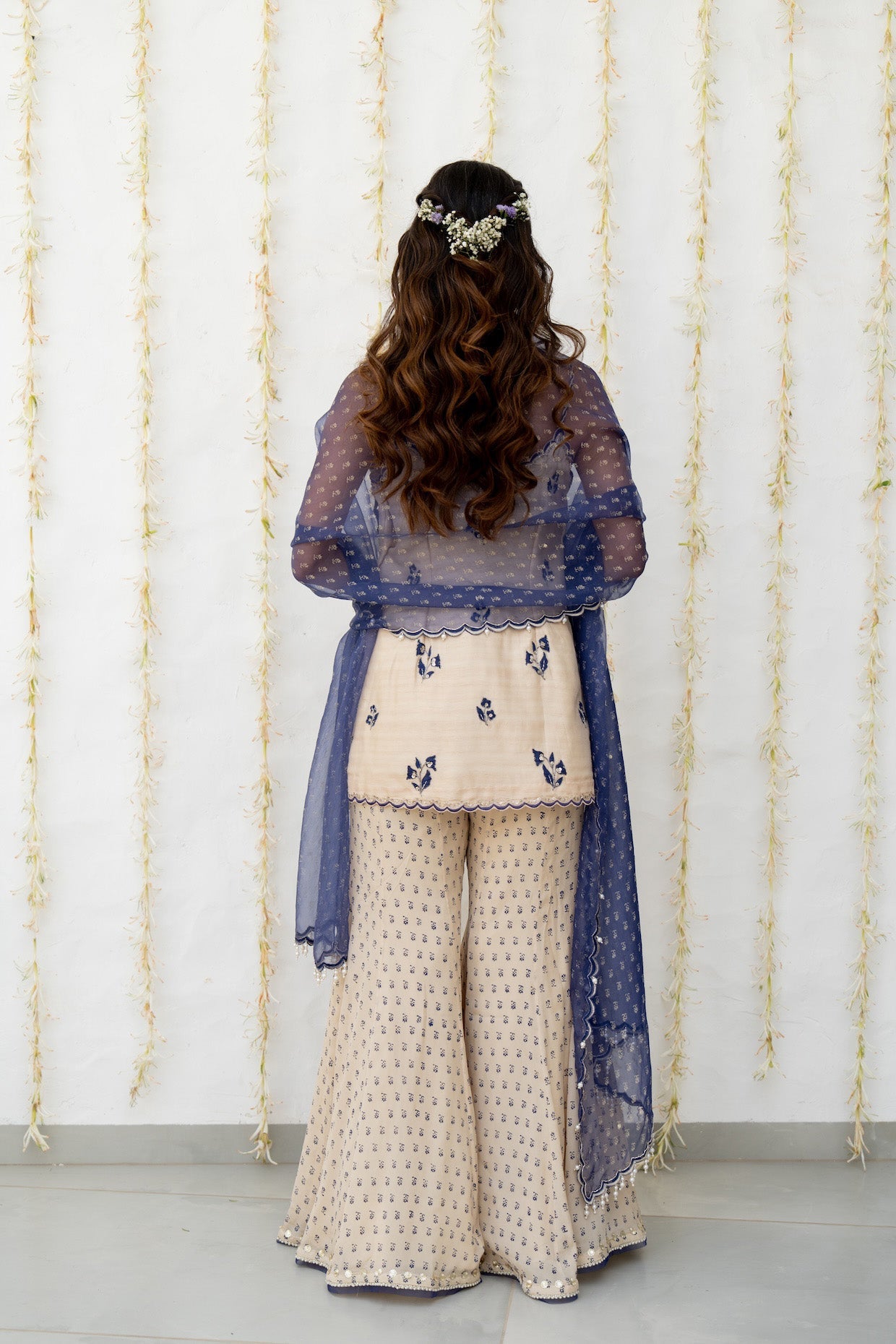 Ecru Silk Embroidered Sharara Set