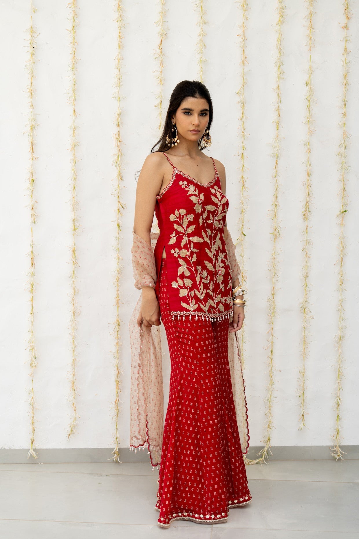 Cherry Red Silk Embroidered Sharara Set