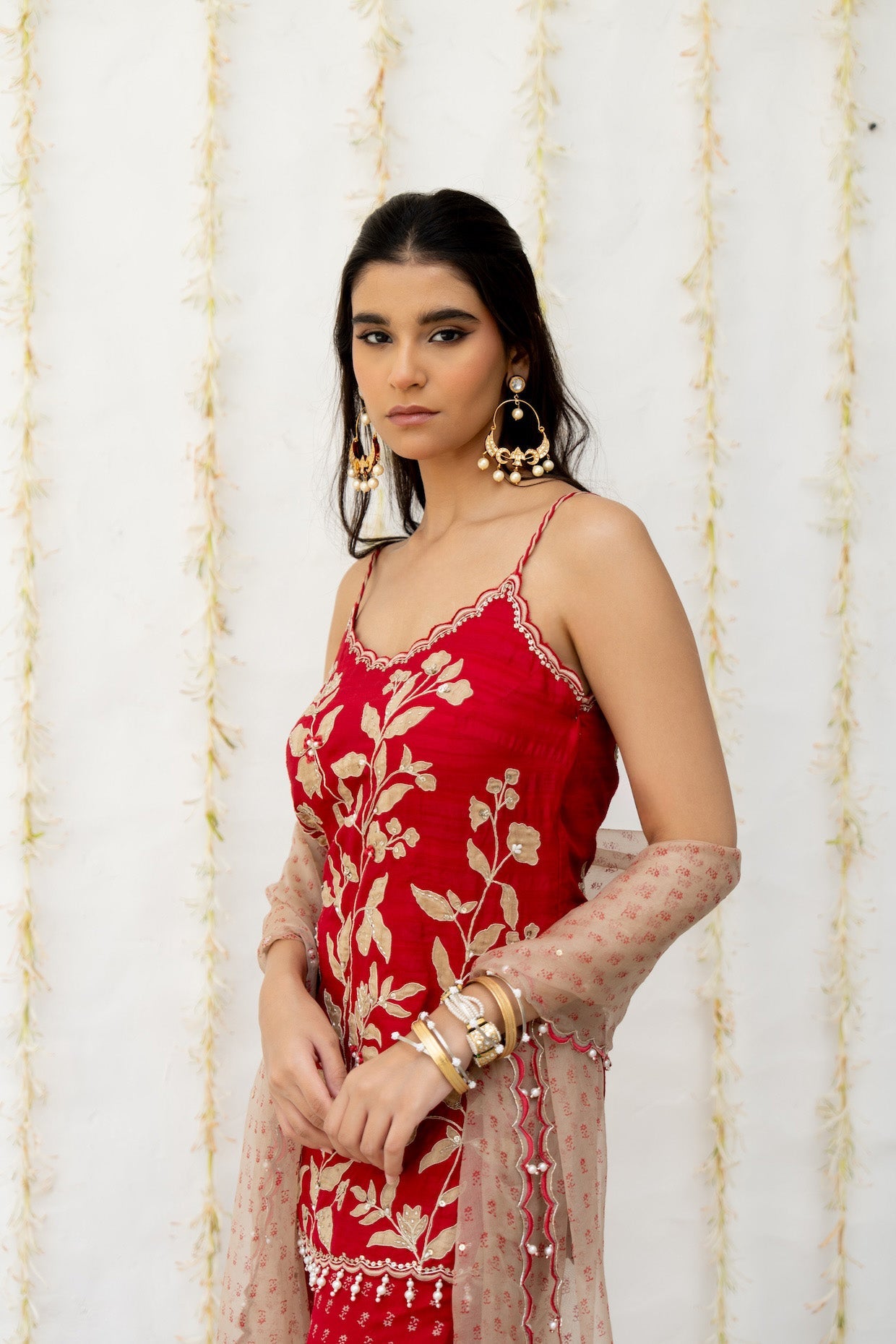 Cherry Red Silk Embroidered Sharara Set