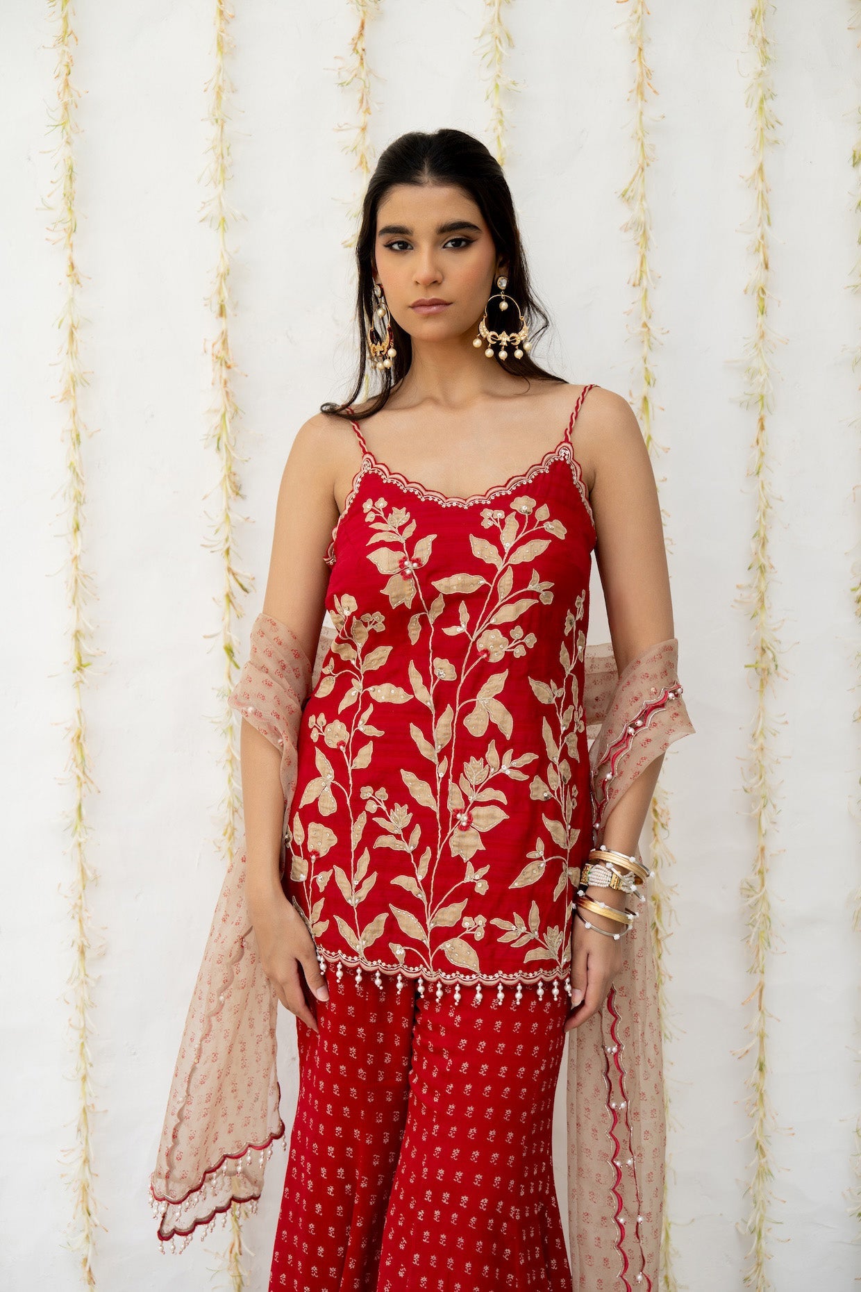 Cherry Red Silk Embroidered Sharara Set