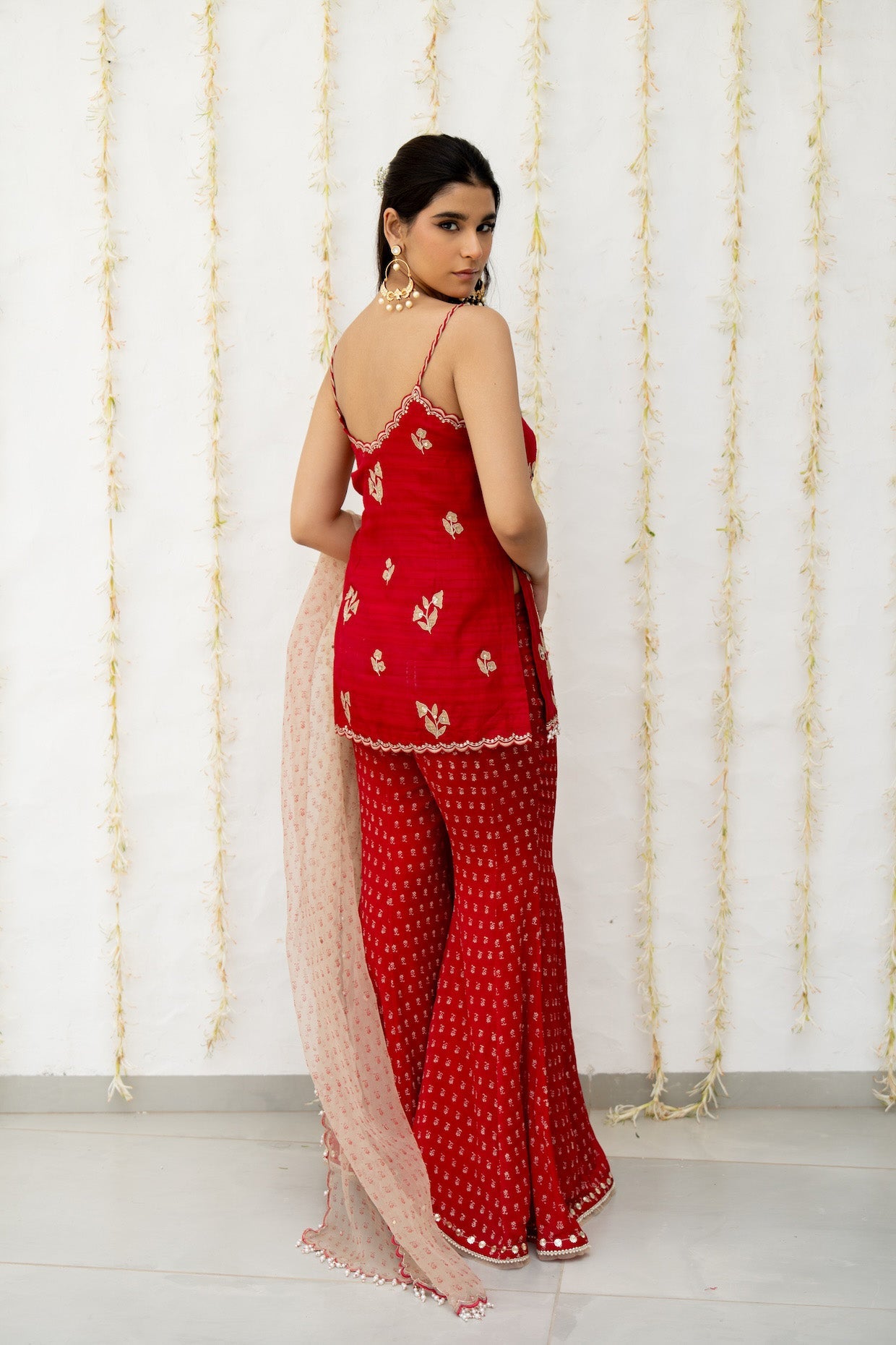 Cherry Red Silk Embroidered Sharara Set