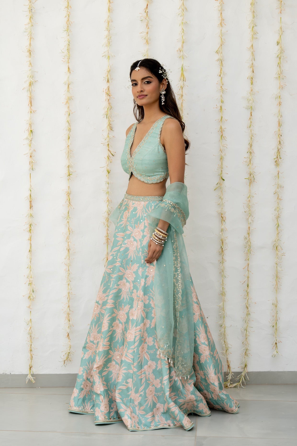 Aqua Silk Printed & Embroidered Lehenga Set