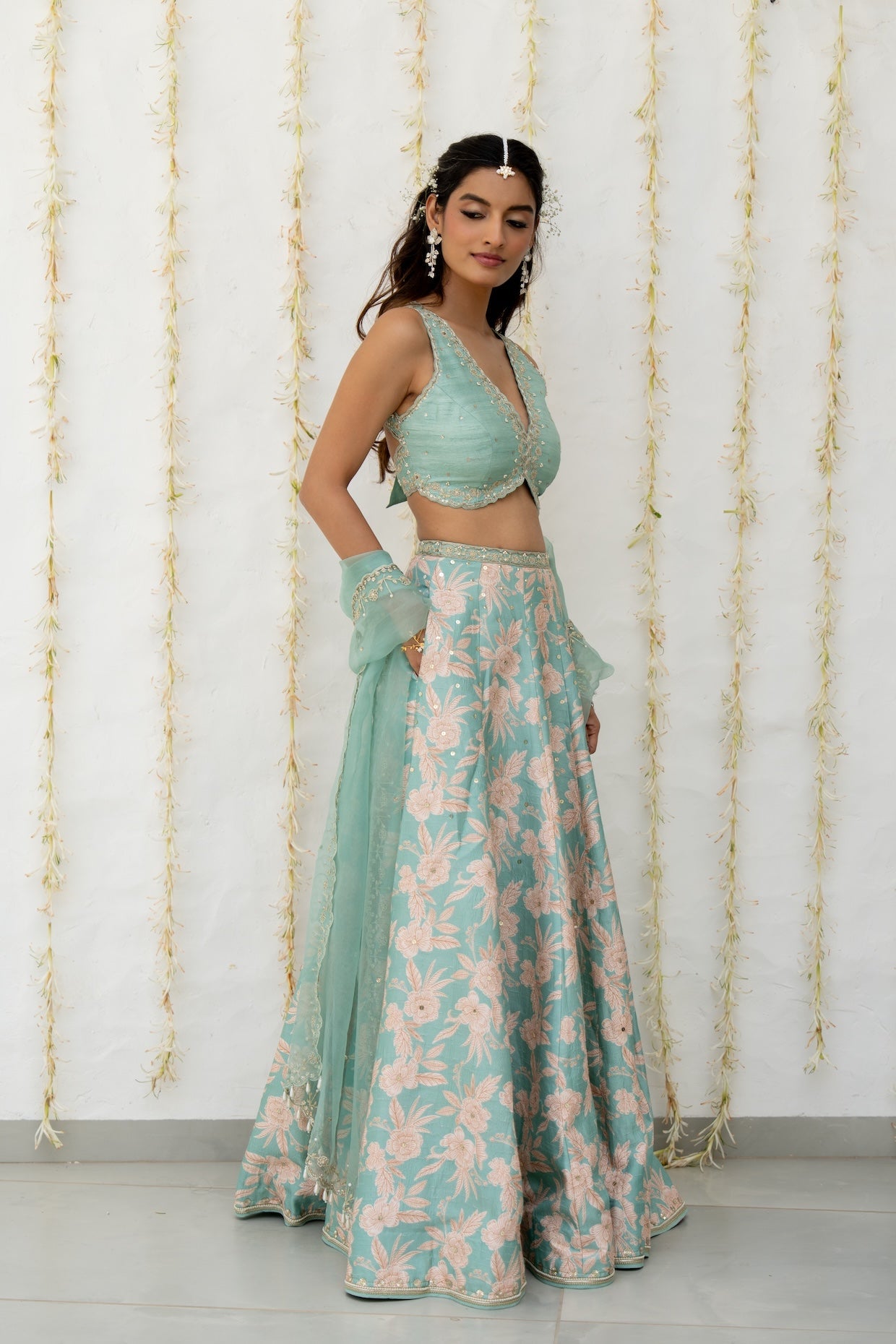 Aqua Silk Printed & Embroidered Lehenga Set
