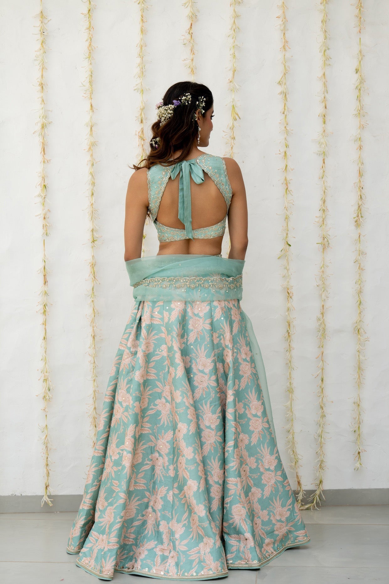 Aqua Silk Printed & Embroidered Lehenga Set